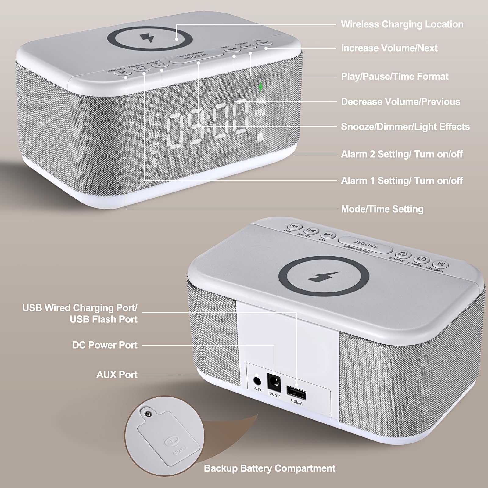Wireless Charging Alarm Clock with Bluetooth Speaker - Digital LED Display, Dimmable RGB Night Light, Dual Alarm & Snooze - Perfect for Bedroom, Office, Travel (12/24H, USB/AUX, Gray A21-B)