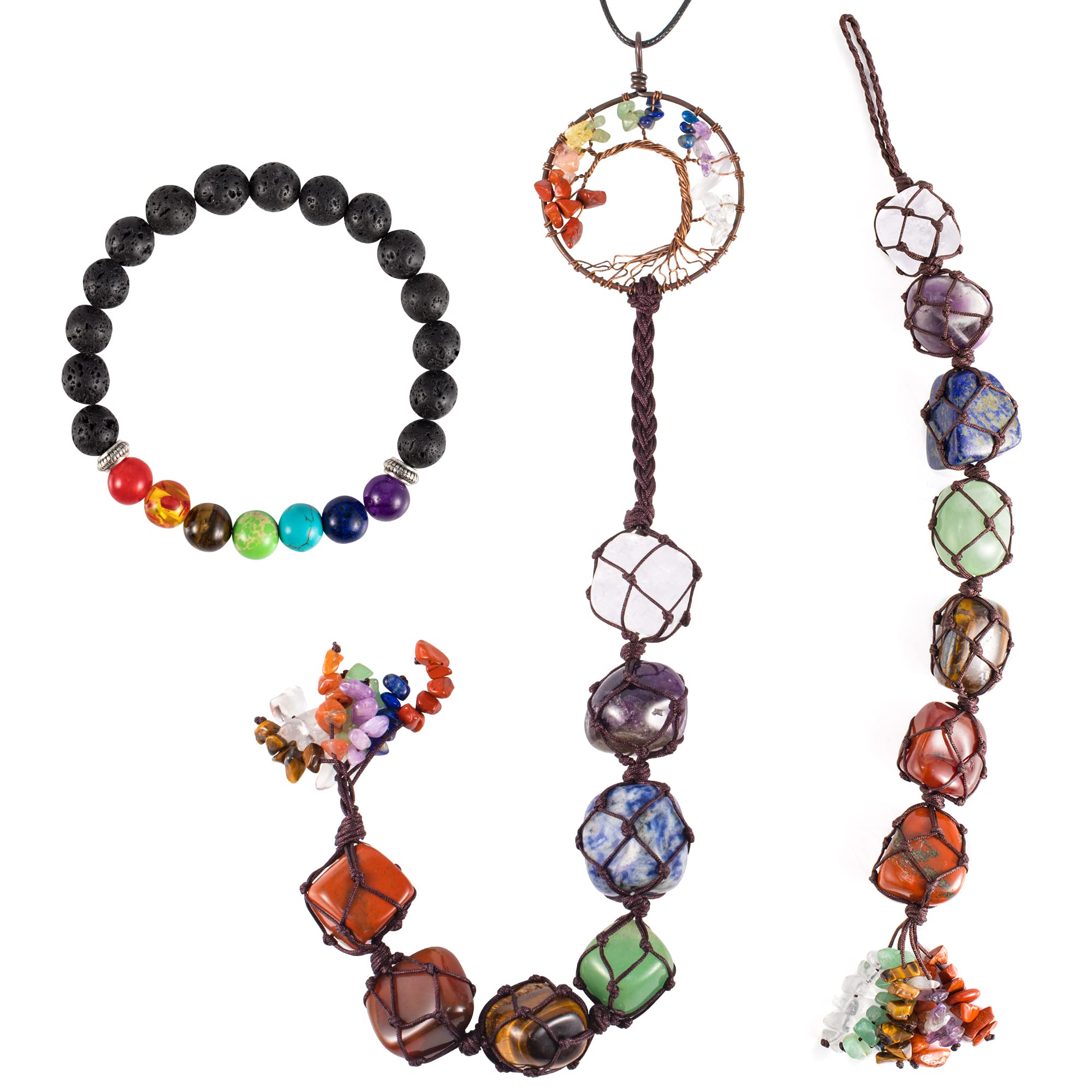 7 Chakra Crystal Car Hanging Ornament - Tree of Life Feng Shui Decor for Rearview Mirror, Home & Office (Set of 3) - Positive Energy & Stress Relief for Meditation, Yoga & Daily Commute