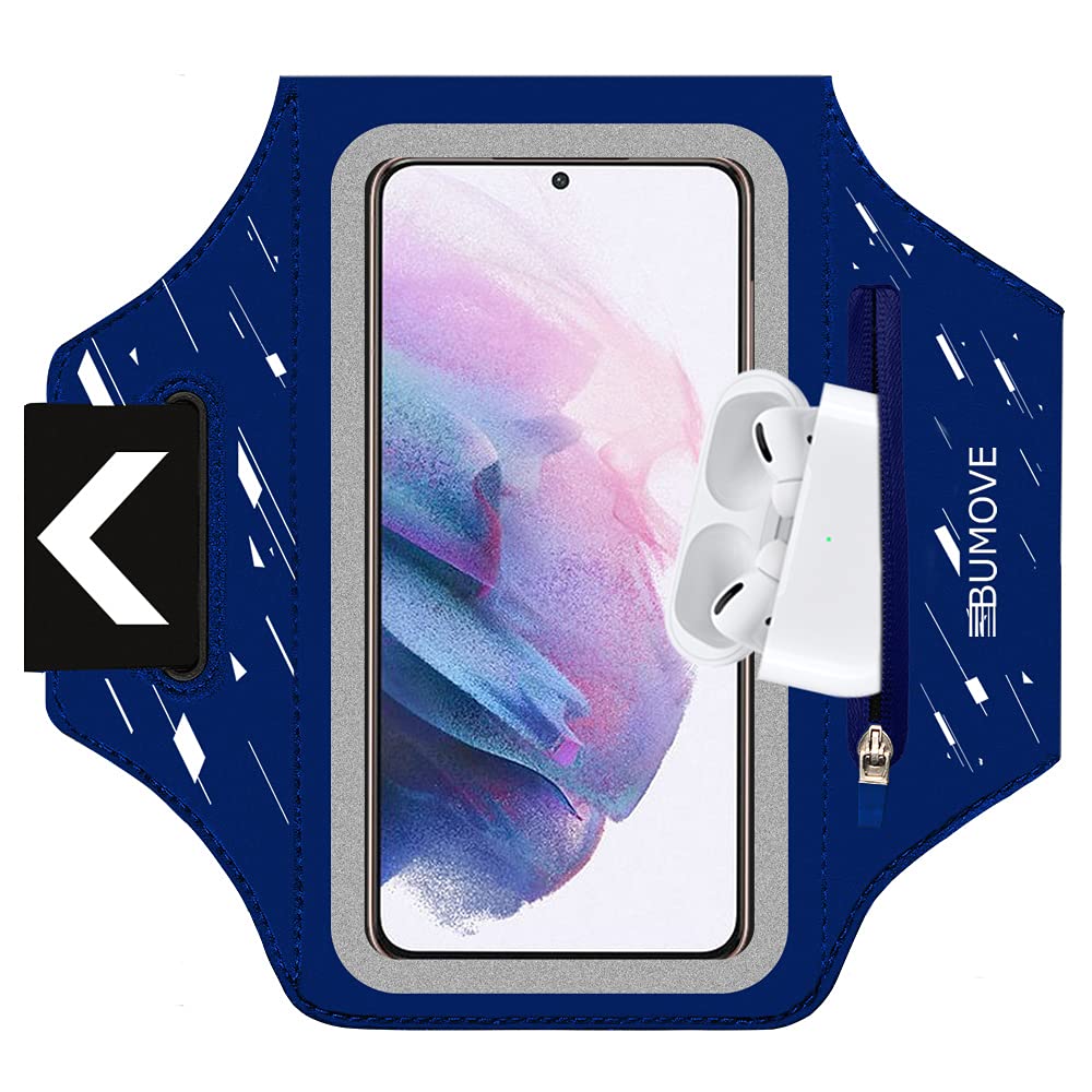 Running Armband for Samsung Galaxy S25/S24/S23/S22 - Phone Holder with Zipper Slot & Headset Bag - Secure Workout Armband for Jogging, Gym & Outdoor Sports (Blue)