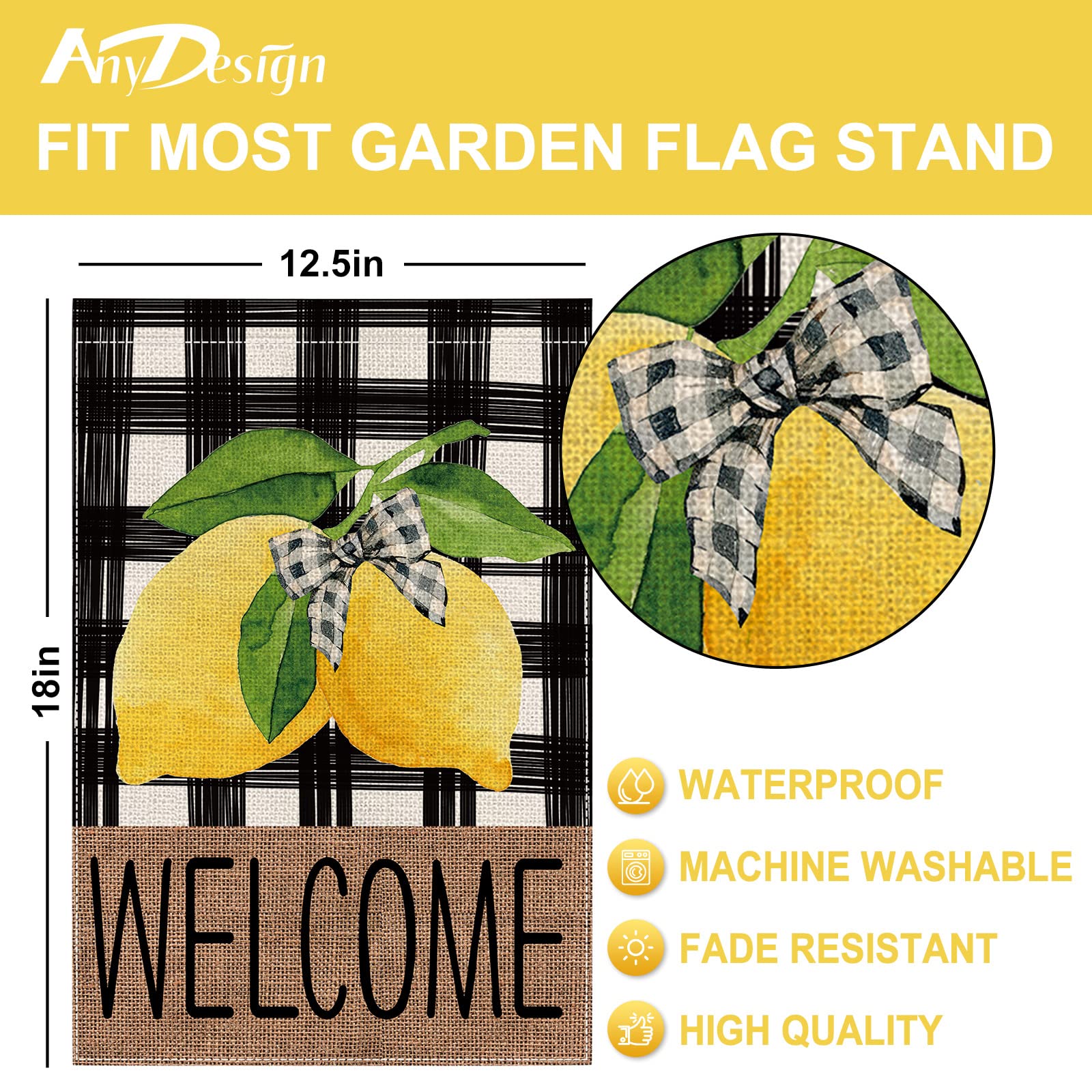12.5 x 18 Inch Waterproof Double-Sided Buffalo Check Lemon Garden Flag - Rustic Farmhouse Outdoor Decoration for Yard, Lawn & Patio | Summer Welcome Sign for Porch, Garden Party & Country Home Decor