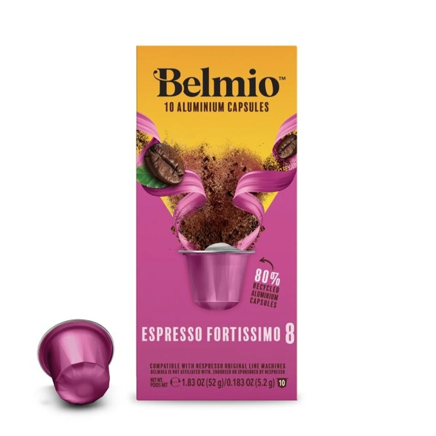 Belmio Espresso Fortissimo 8 Nespresso® Compatible Coffee Capsules - 10 Pack - Strong & Bold Roast for Coffee Lovers - Perfect for Home, Office or Gifting