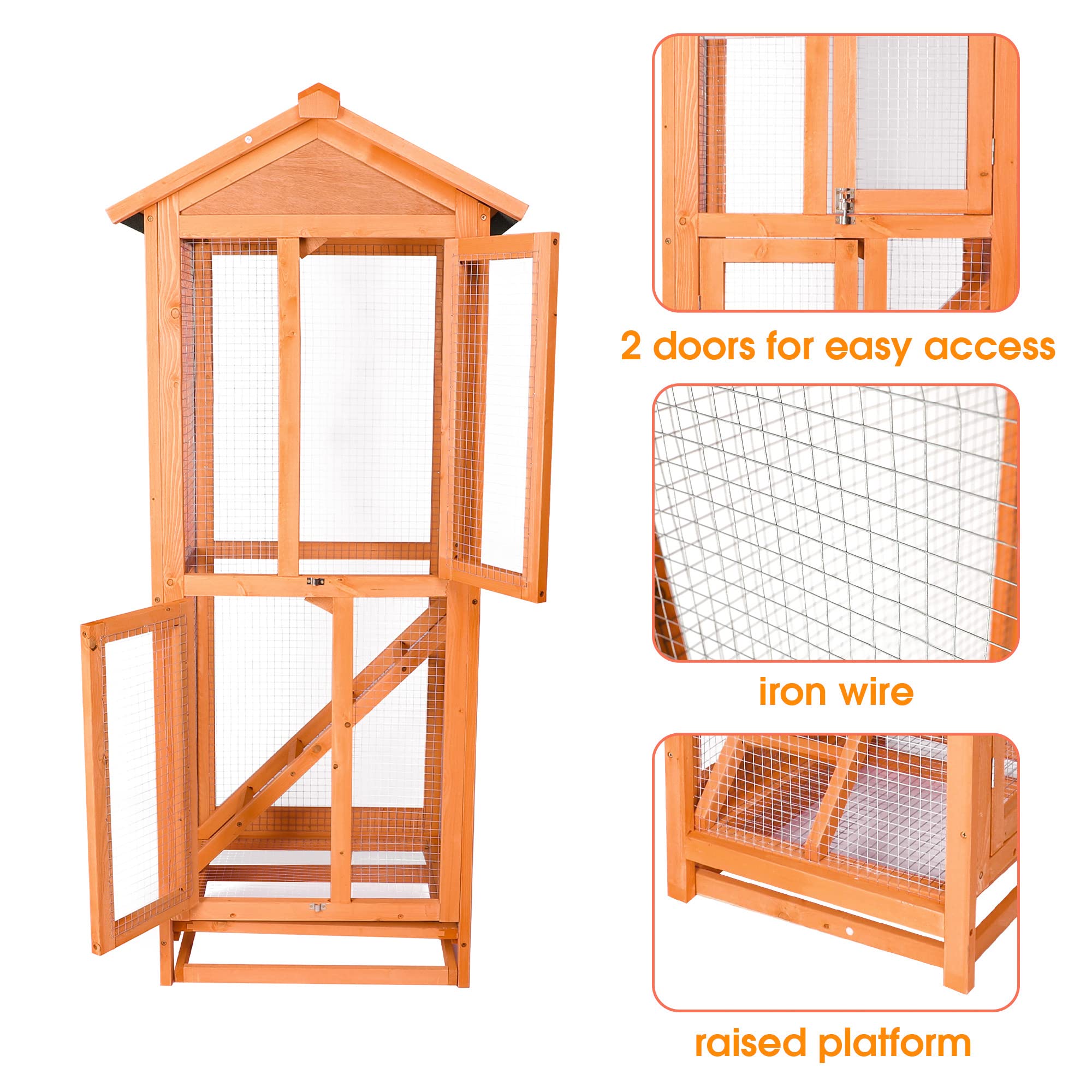 Large Wooden Aviary Bird Cage with Waterproof Roof, Perches & Removable Trays - Vertical Play House for Parrots, Cockatiels & Small Birds - Perfect for Indoor & Outdoor Use in Gardens, Patios & Homes