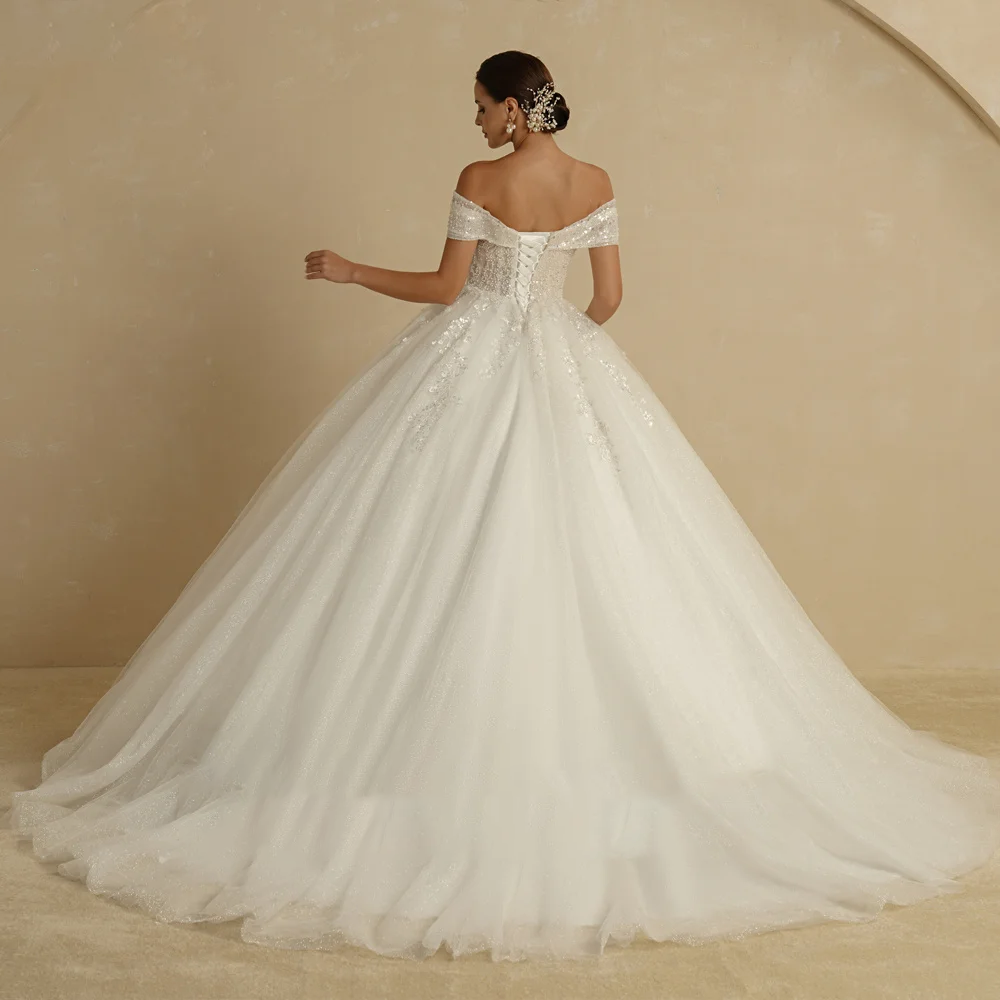 Ivory Beaded Princess Wedding Dress Off Shoulder Sleeveless Sparkly Ball Gown Bridal Robe - Perfect for Bridal Showers, Weddings & Formal Events