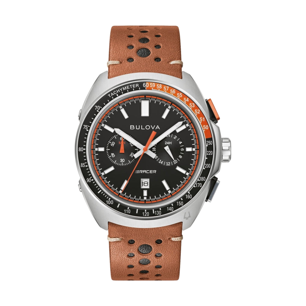 Men's Racer Chronograph Watch - Black Dial with Brown Leather Strap - Waterproof Sports Watch for Racing, Driving & Outdoor Activities