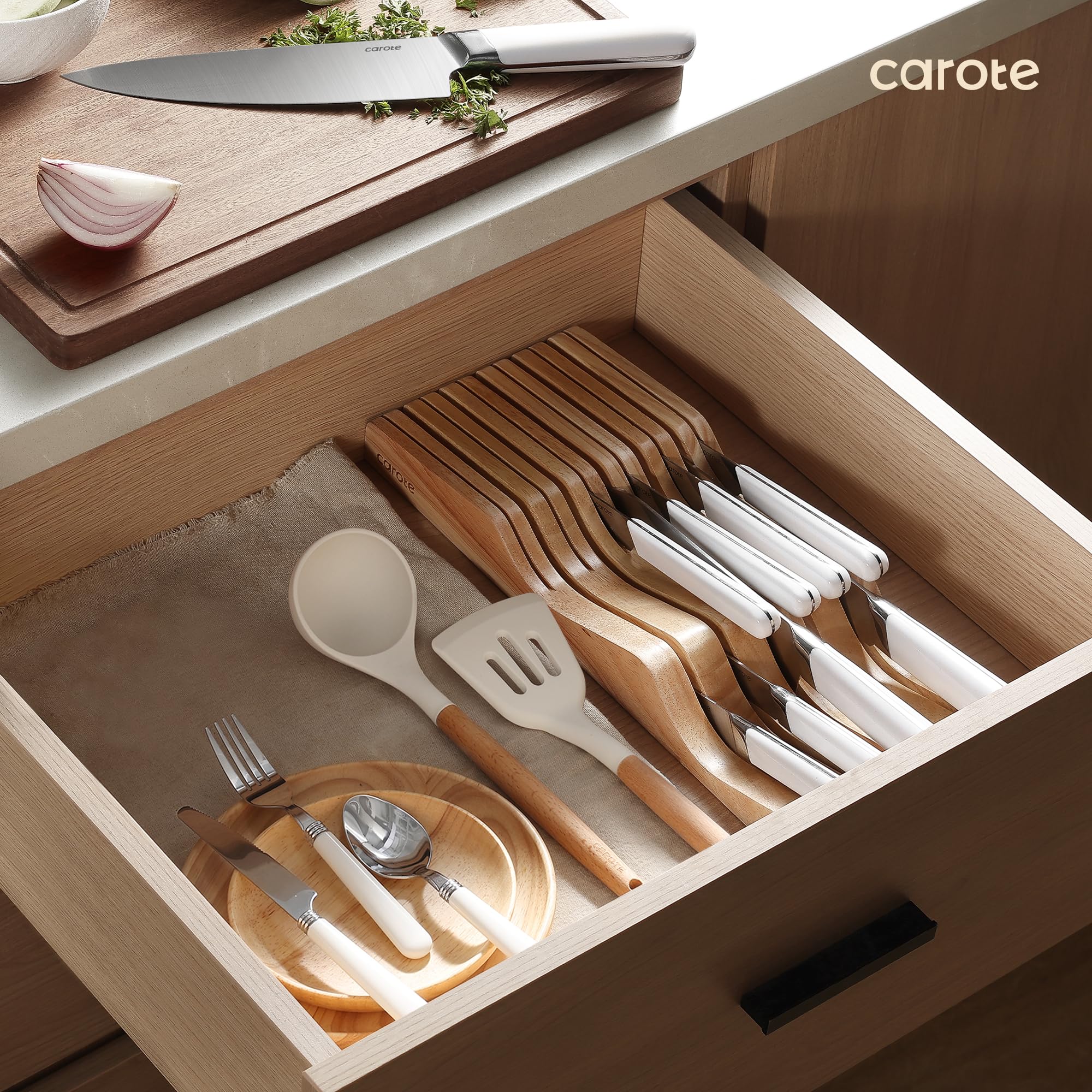 CAROTE 12-Piece Stainless Steel Kitchen Knife Set with Knife Block & Drawer Organizer - Dishwasher Safe Cutlery Set in White | Perfect for Home Chefs, Wedding Gifts & Kitchen Upgrades