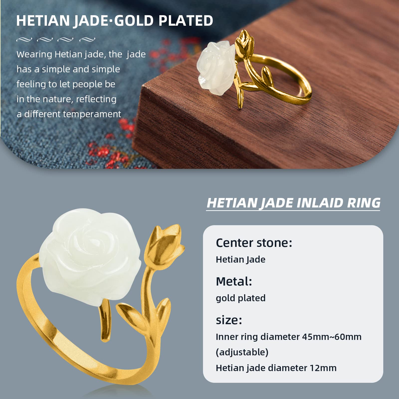 925 Sterling Silver Adjustable Open Wrap Rose Ring for Women - Gold Plated Rose Flower with Jade Gemstone, Vintage Handmade Jewelry Gift for Mom, Birthday, Anniversary & Special Occasions