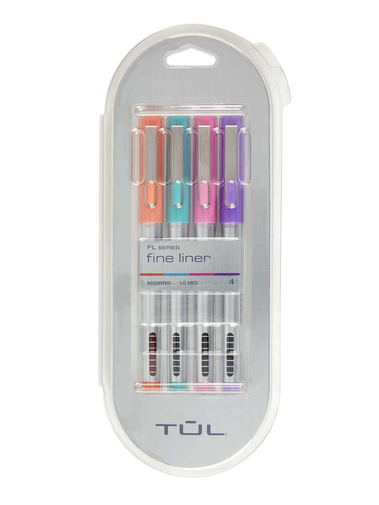 TUL Fine Liner Felt-Tip Pens - 1.0mm Fine Point, Silver Barrels, Assorted Ink Colors (4-Pack) - Perfect for Journaling, Sketching, Note Taking & Bullet Journaling