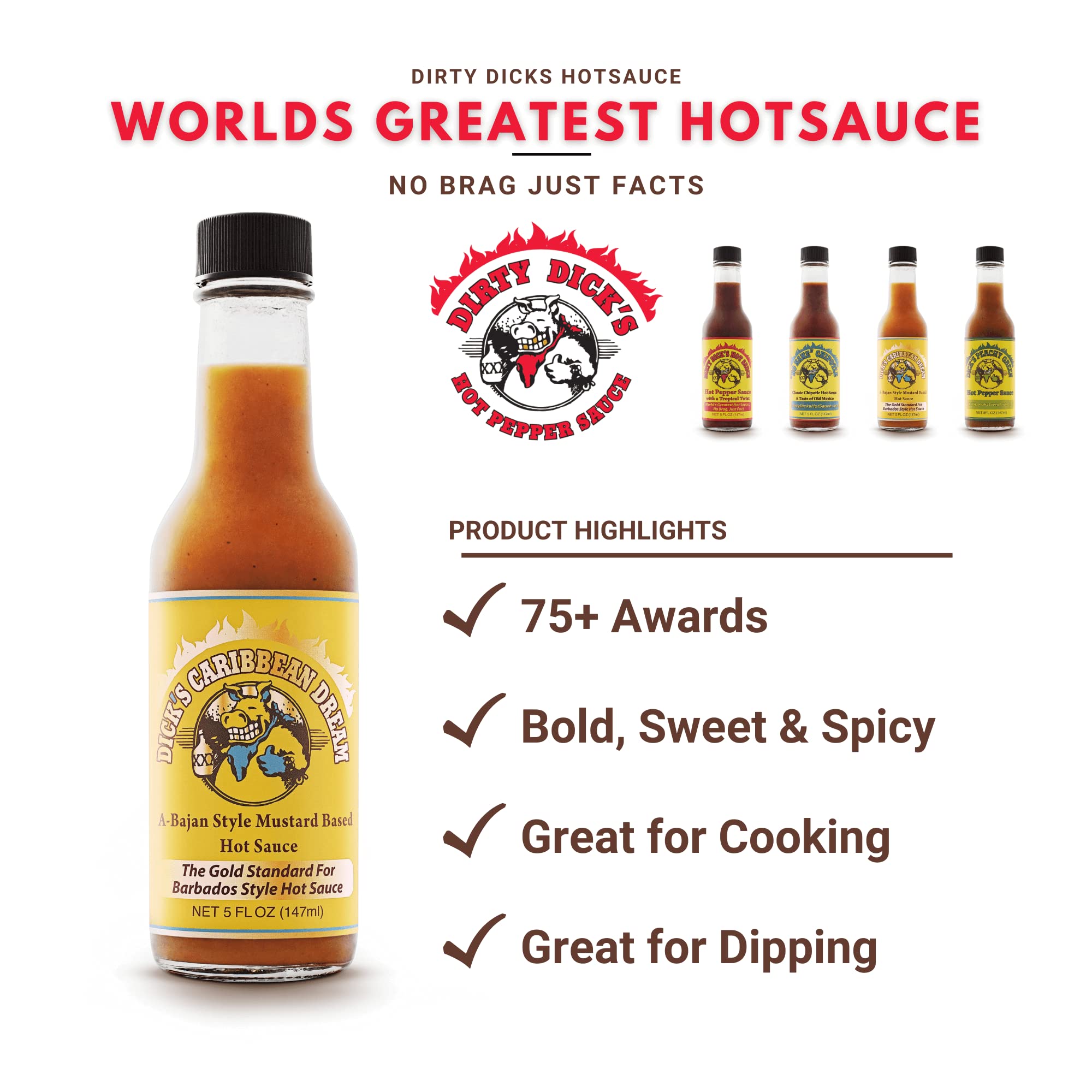 Dirty Dicks Caribbean Dream Hot Sauce 5oz - Barbados Mustard-Based Hot Sauce with Fresh Fruit & Spices - Perfect for Grilling, BBQ & Seafood Dishes - Pack of 1
