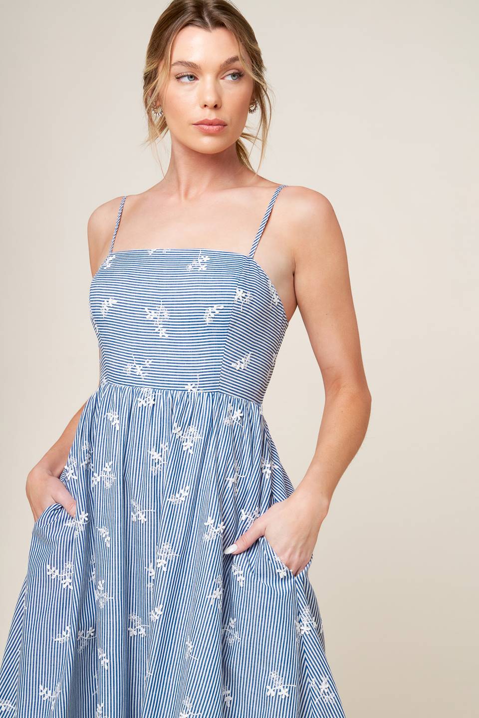 LAYTON EMBROIDERED MIDI DRESS - Blue Floral Summer Dress for Women, Perfect for Beach Vacation, Garden Party & Casual Outings