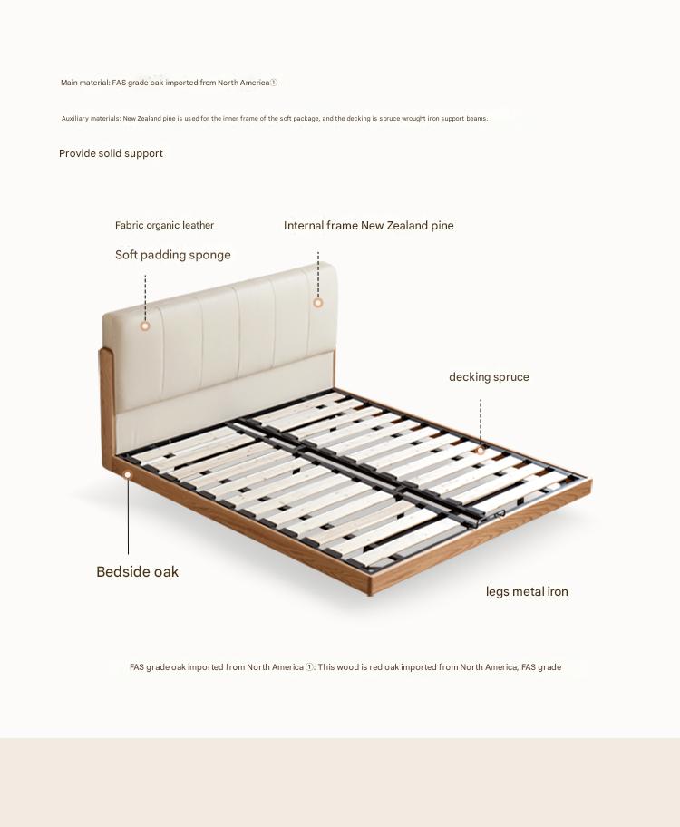 Solid Oak Wood Modern Minimalist Soft Leaning Bed Frame - Queen Size Platform Bed for Bedroom, Guest Room & Small Spaces