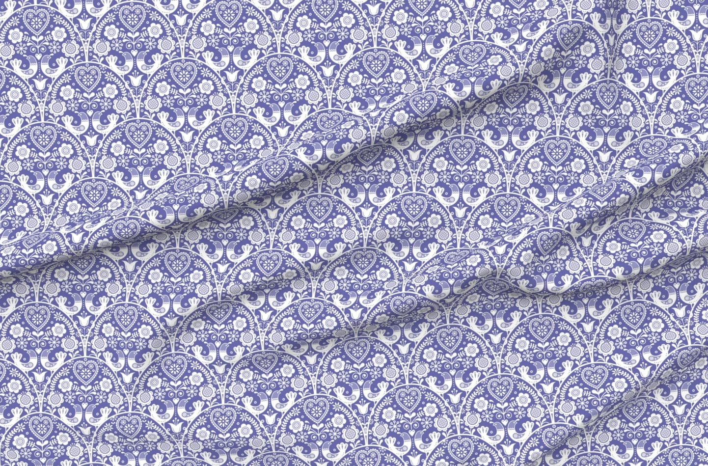 Scandinavian Floral Birds Hearts Periwinkle Printed Chiffon Fabric Fat Quarter - Sewing, Fashion Apparel, Dresses & Home Decor - Perfect for DIY Crafts, Quilting, and Scandinavian-Inspired Home Decor