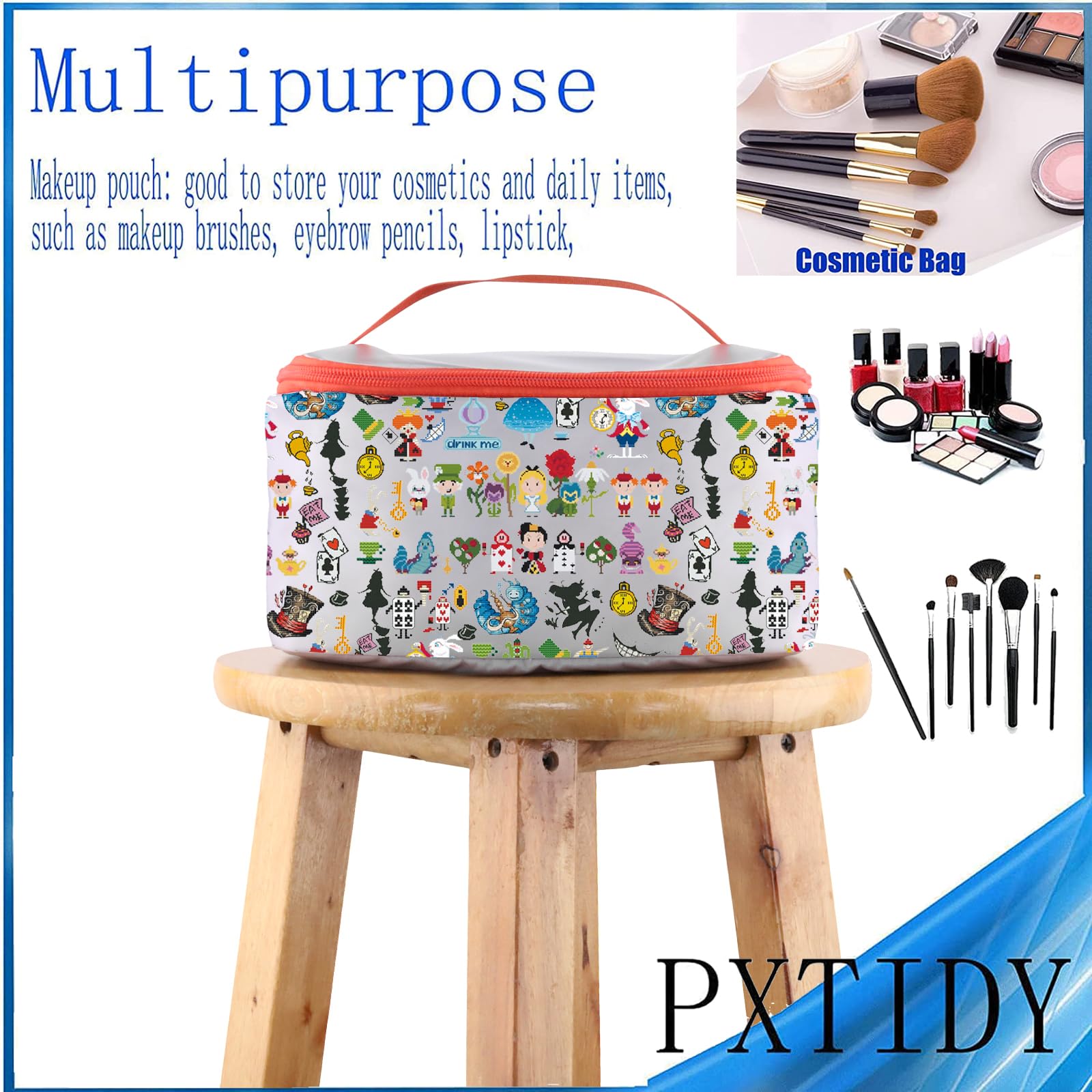 PXTIDY Alice in Wonderland Themed Makeup Bag - Cute Cartoon Cosmetic Organizer for Alice Fans, Perfect Gift for Cosplay & Travel | Fairy Tale Inspired Beauty Storage Case