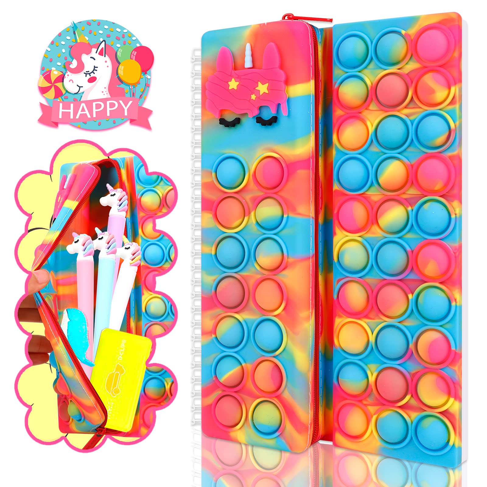 Unicorn Pop Fidget Notebook with Pencil Case - 3 in 1 Popper Journal for Girls, Kids & Adults | Stress Relief Sensory Toy & School Supplies | Tie-Dye Design | Perfect for School, Office & Travel Gifts