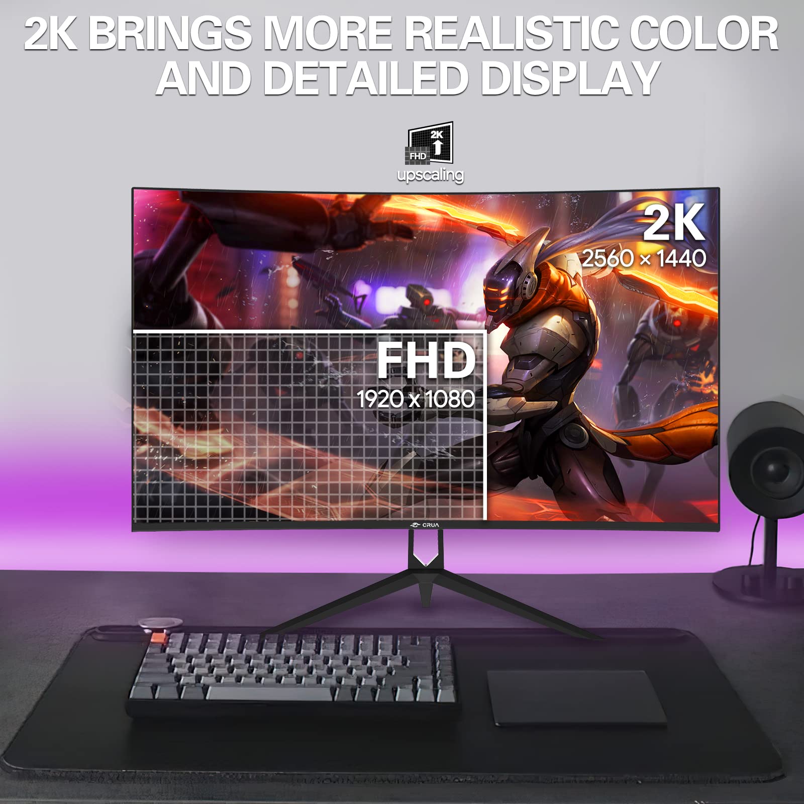 CRUA 27 Inch Curved Gaming Monitor - 1440P QHD, 144Hz/165Hz Refresh Rate, 99% sRGB, AMD FreeSync, VESA Mount (HDMI, DP) - Black | Perfect for Esports, Streaming & Home Office Setup