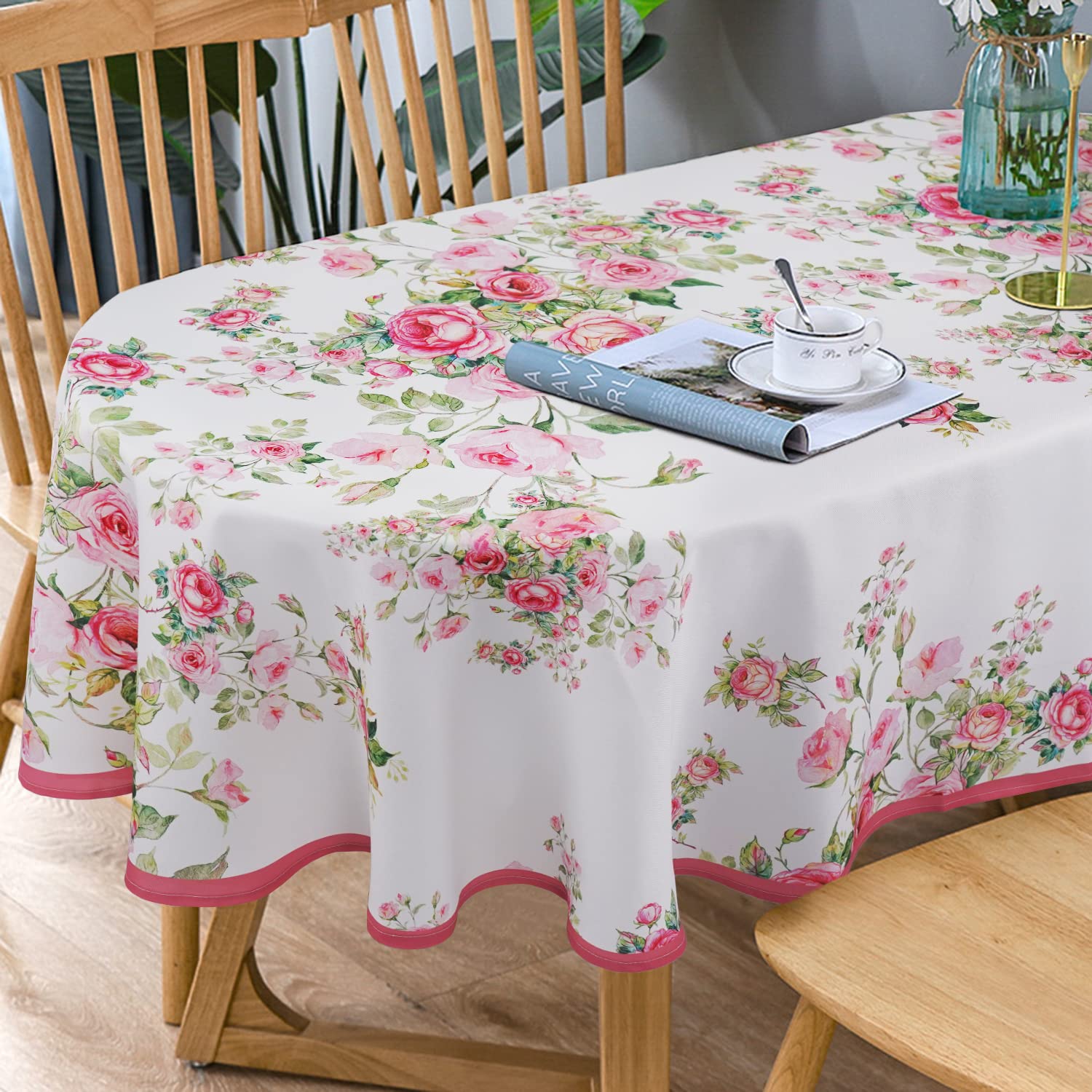 Pink Floral Oval Tablecloth 60x84 Inch - Waterproof Wrinkle-Free Spring Summer Table Cover for Dining, Parties & Outdoor Events - Decorative Pink Flowers Print Oval Table Cloth