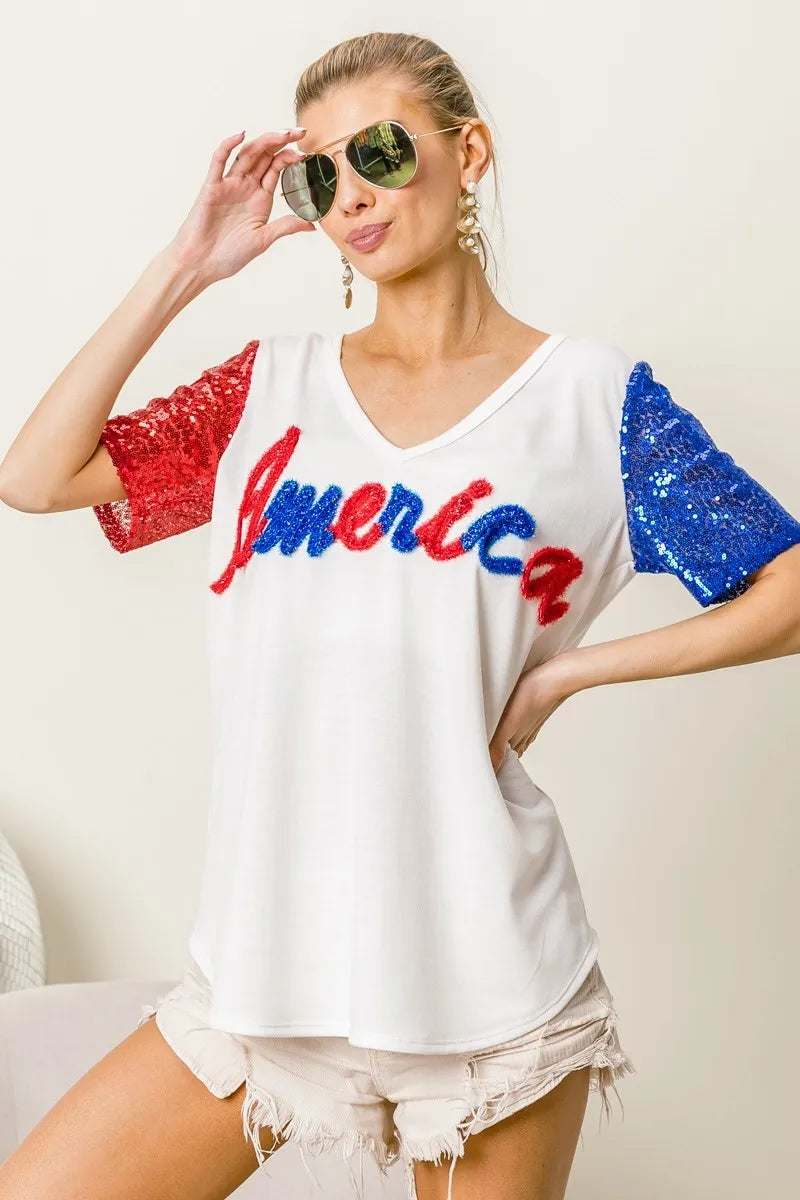 BiBi Metallic Letter V-Neck Sequin Sleeves Top for Women | Party Wear, Club Outfit, Evening Dress, Special Occasion Fashion