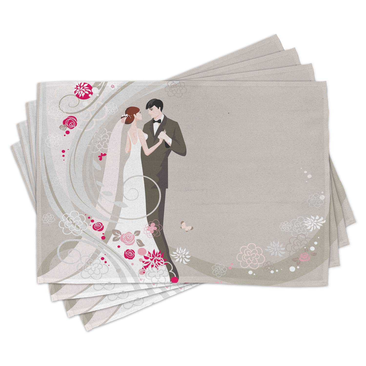 Ambesonne Wedding Placemats Set of 4 - Floral Abstract Design for Bride & Groom Celebration - Washable Fabric Table Mats for Dining Room & Kitchen Decor in Grey Black Pink - Perfect for Wedding Receptions, Anniversary Dinners & Romantic Date Nights