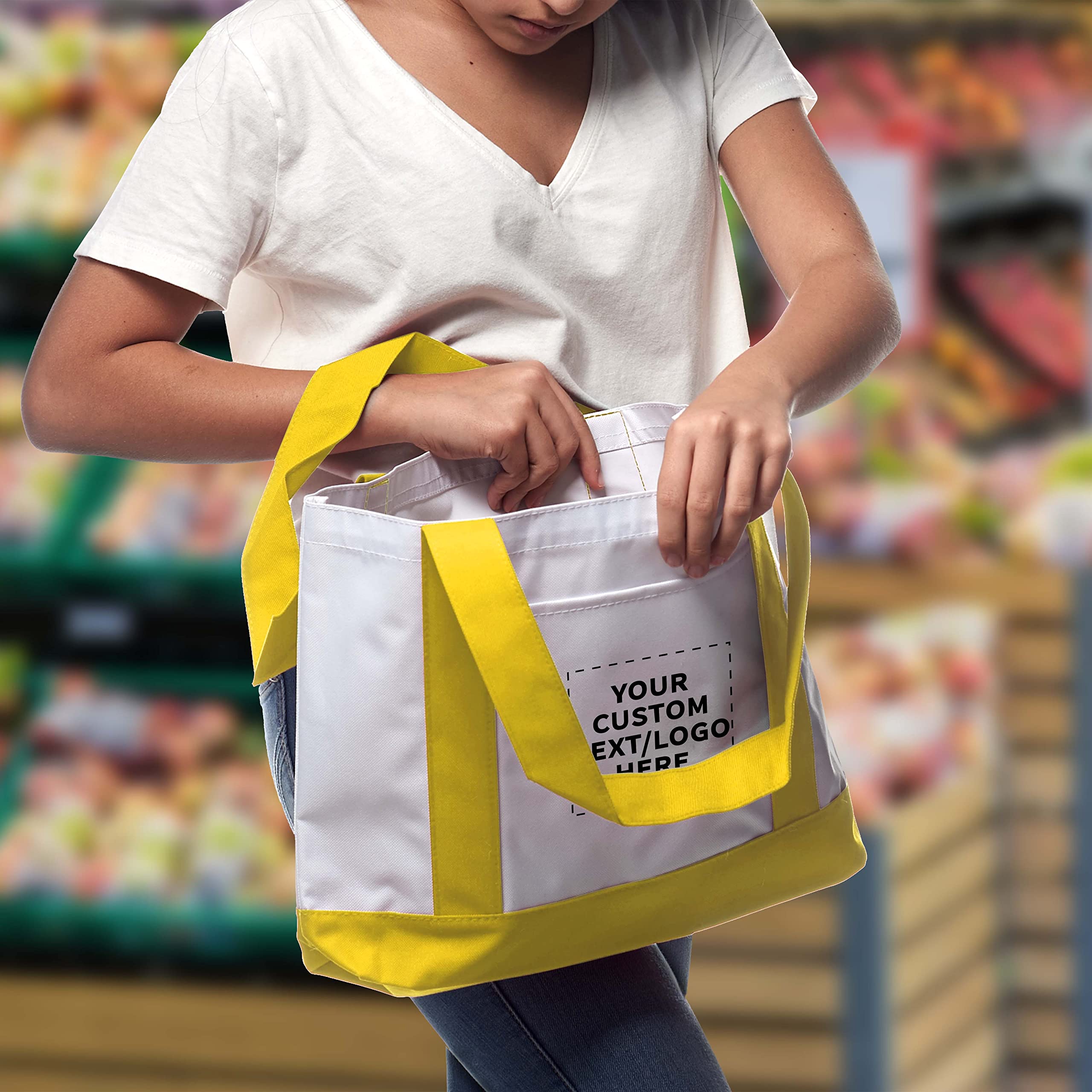10 Pack Customizable Canvas Tote Bags with Reinforced Straps & Front Pocket - Fashionable Yellow Shoulder Bags for Shopping, Beach & Work - Bulk Wholesale Polyester Totes for Promotions & Events