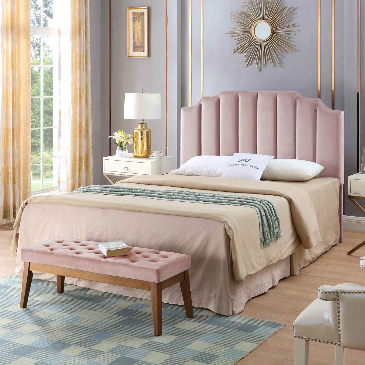 24K Gold Pink Velvet Upholstered Queen/Full Size Headboard - Tufted Bed Headboard with Modern Vertical Channel & Curved Design - Perfect for Master Bedroom, Guest Room & Luxury Home Decor (Pink)