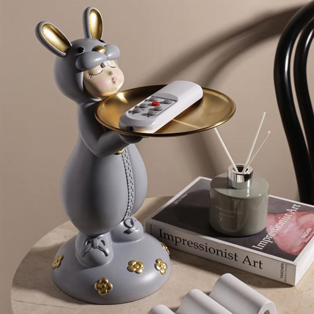 Stylish Ceramic Rabbit Girl Figurine with Round Metal Tray - Cute Animal Statue for Home Decor, Coffee Table Centerpiece & Entryway Key Organizer (Gray) - Perfect for Living Room, Bedroom & Office Desk Decorations