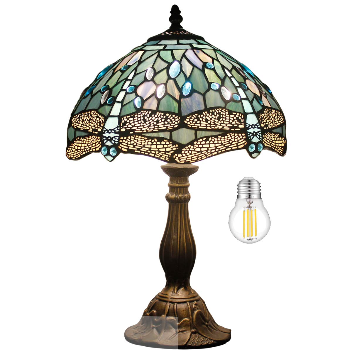 Tiffany Style Table Lamp 12x18 Inch with LED Bulb - Sea Blue Stained Glass Dragonfly Shade & Antique Base - Desk Lamp for Reading, Living Room, Bedroom, Study or Bar - Perfect Home Decor and Gift Idea for Art Lovers