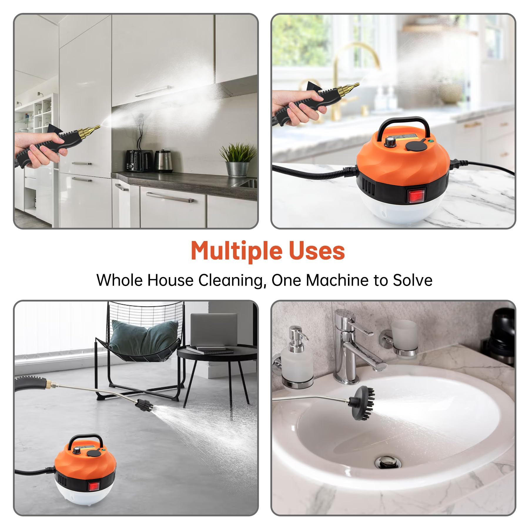 **2500W High Pressure Steam Cleaner for Home - 3 Brush Heads, 2 Washers & Extendable Rod - Handheld Steamer for Upholstery, Kitchen, Bathroom, Floors - Orange & White (Ideal for Deep Cleaning Stains, Grime & Sanitizing Surfaces)**