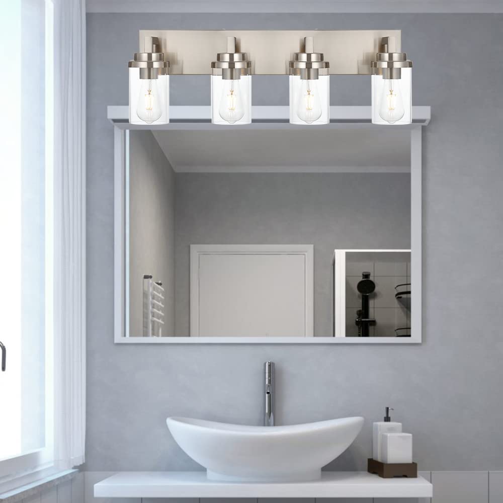 MELUCEE 4-Light Brushed Nickel Vanity Light - Modern Bathroom Mirror Lighting Fixture with Clear Glass Shade - Industrial Wall Sconce for Bathroom, Kitchen & Dresser Mirror (Perfect for Makeup Vanity, Powder Room & Cabinet Lighting)
