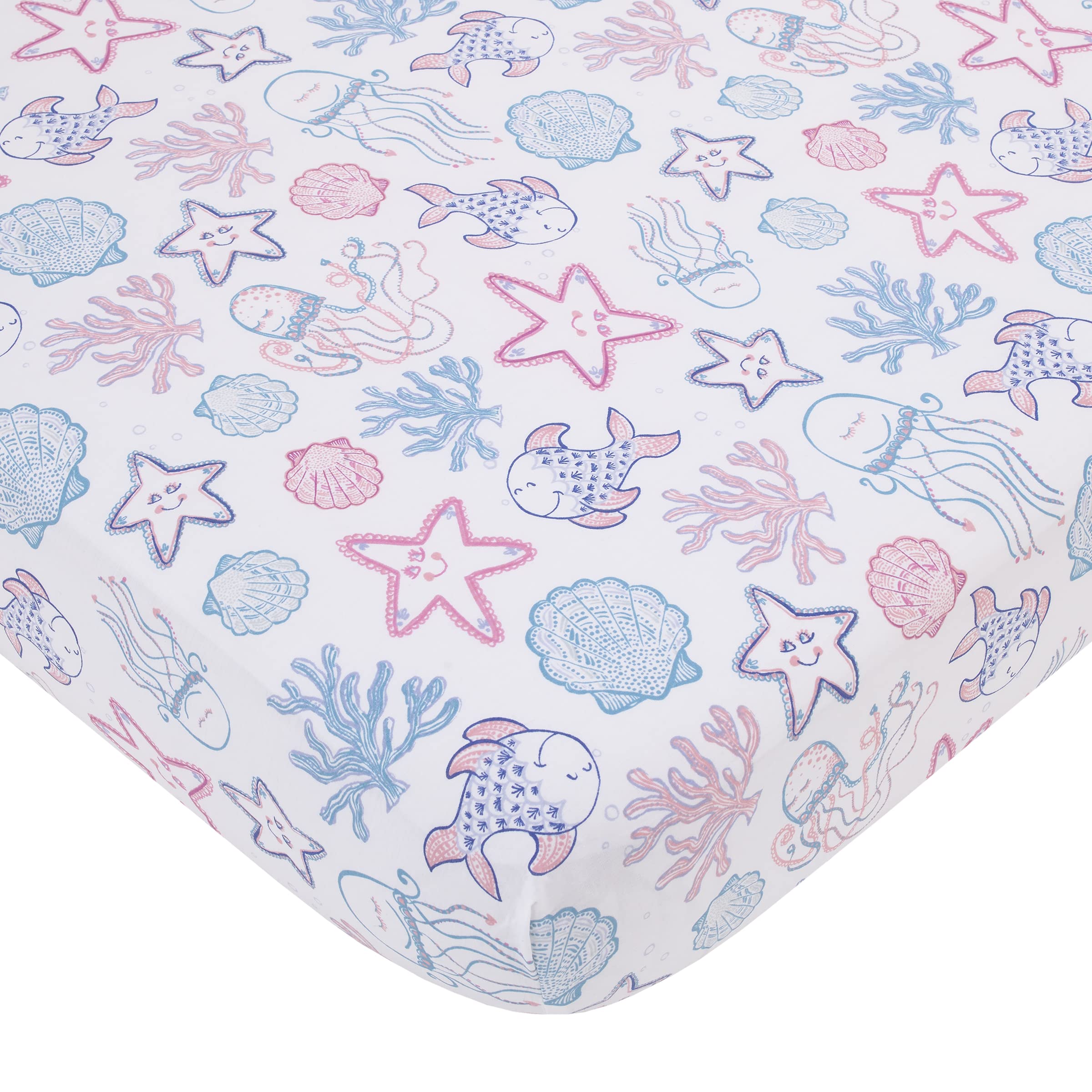 NoJo Mermaid Lagoon 4-Piece Nursery Crib Bedding Set - Pink Blue White Ocean Theme Baby Crib Set with Comforter, Fitted Sheet, Skirt & Storage Caddy | Perfect for Girls' Underwater Themed Nursery Decor & Baby Shower Gifts