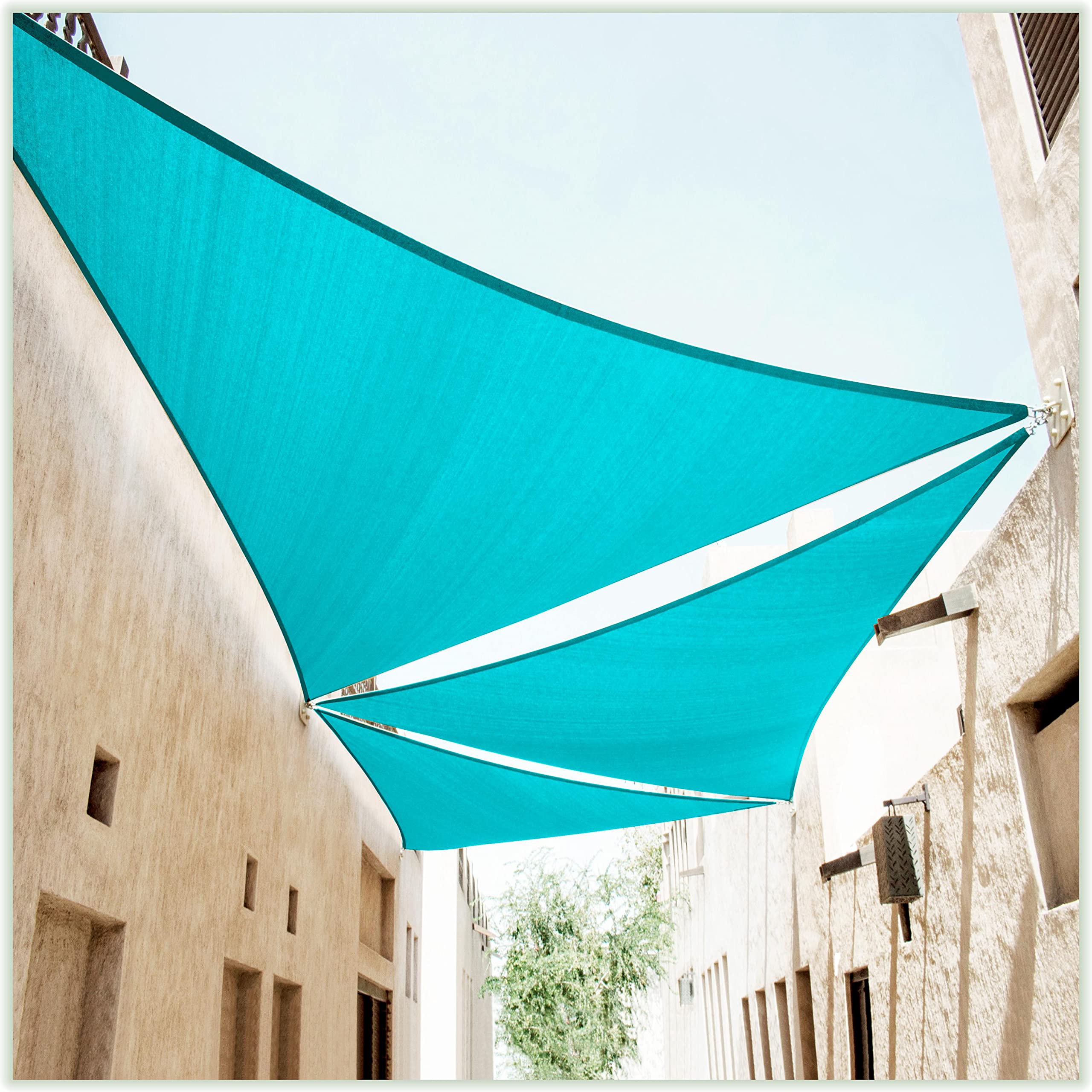 ColourTree 12' x 12' x 17' UV Resistant Turquoise Triangle Sun Shade Sail with Heavy Duty Installation Hardware Kit - Perfect for Patio, Garden, Poolside and Outdoor Shade Protection