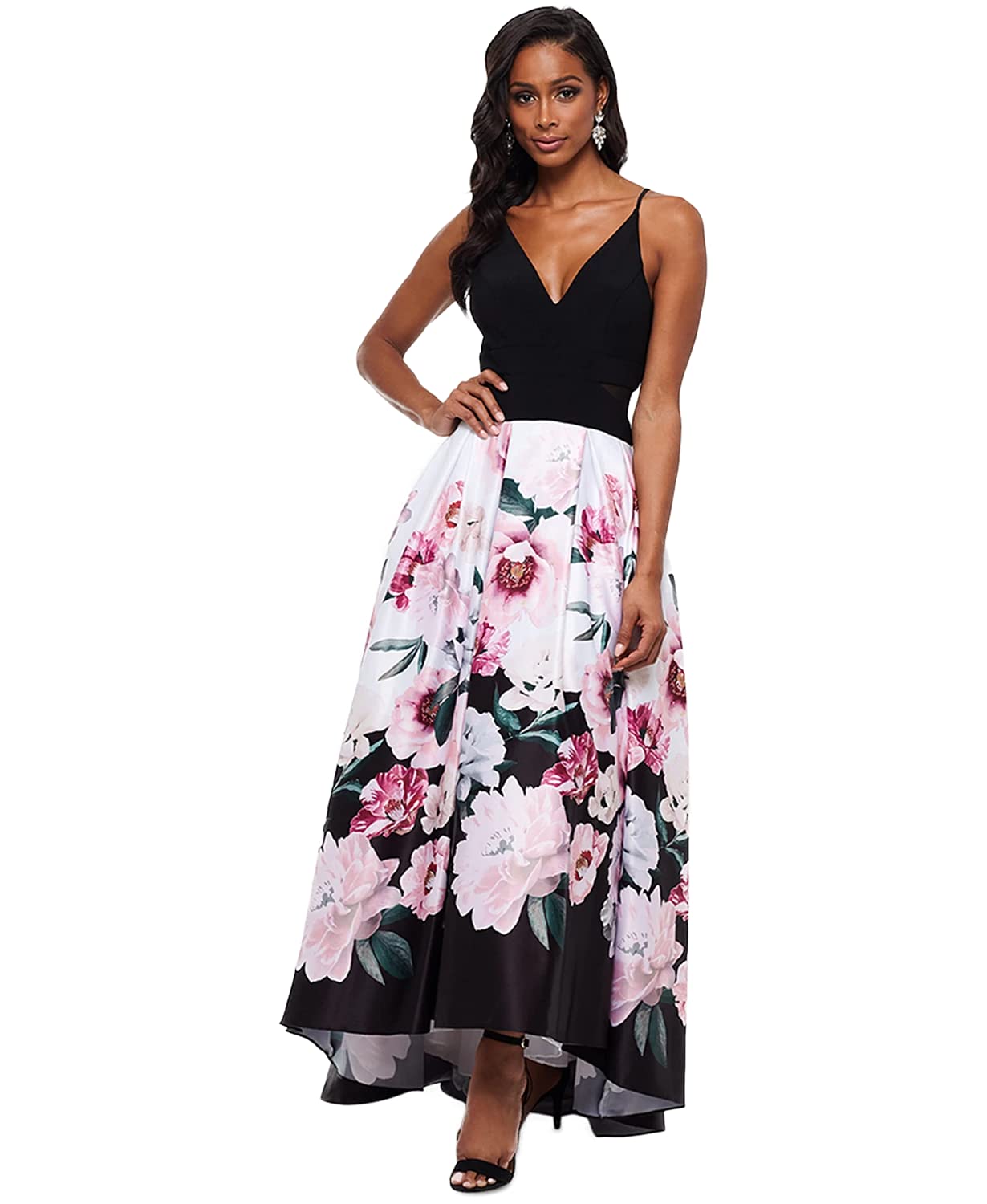 Xscape Floral Skirt Gown - Black & Pink Size 6 | Elegant Evening Dress for Weddings, Parties & Special Occasions