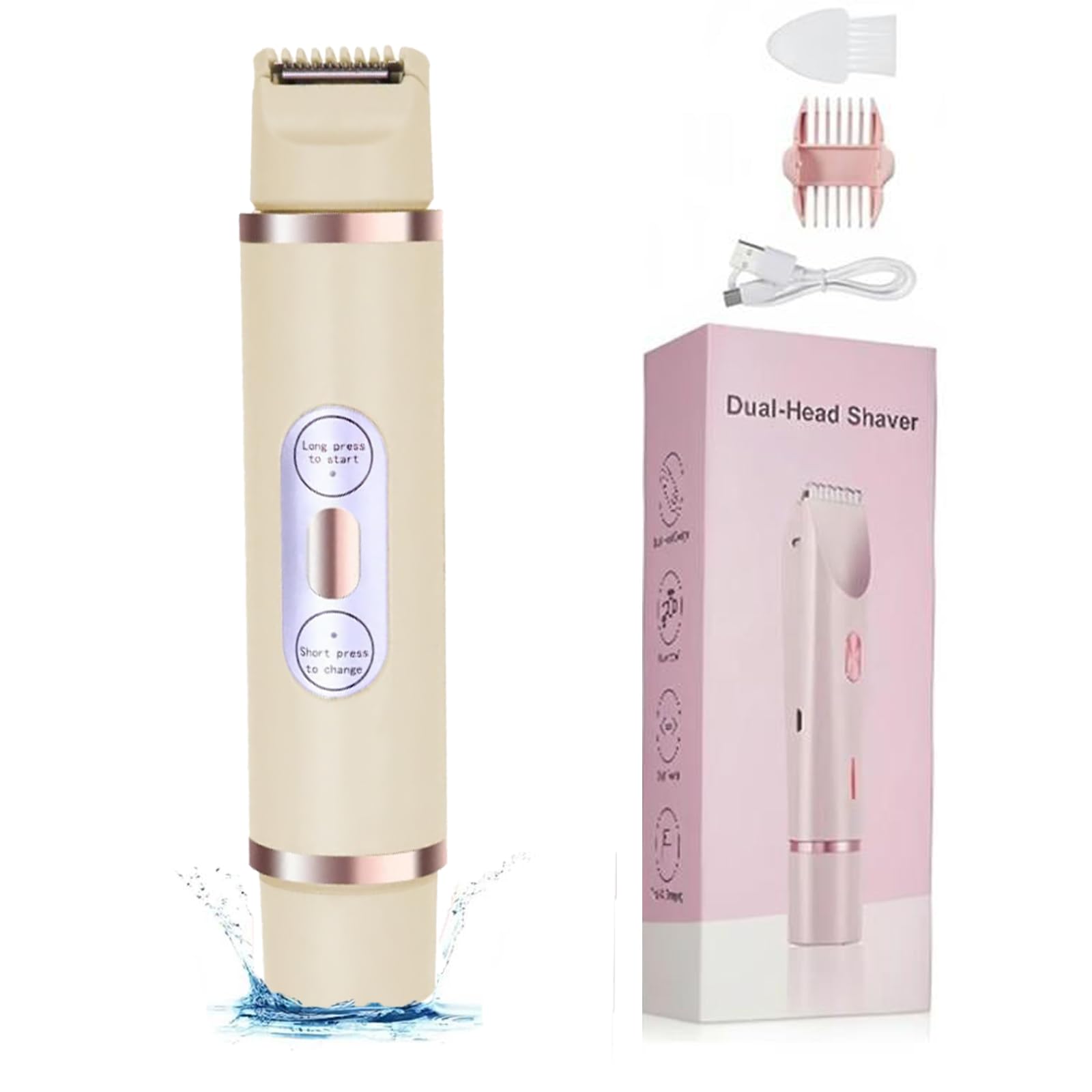 Reshline Women's Electric Shaver & Trimmer - 2-in-1 Dual Head Pubic Hair Remover, Triangular Mini Design for Bikini & Body Grooming | Portable & Painless Hair Removal for Sensitive Skin | Perfect for Travel & Home Use (Beige)
