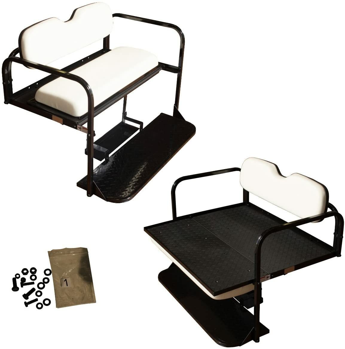 Performance Plus Carts Club Car Precedent/Onward/Tempo Golf Cart Rear Flip Seat Kit - Heavy Duty Folding Steel Frame Rear Seat with White Cushions | Compatible with 2004-Up Models | Perfect for Golf Courses, Resorts & Neighborhood Transportation