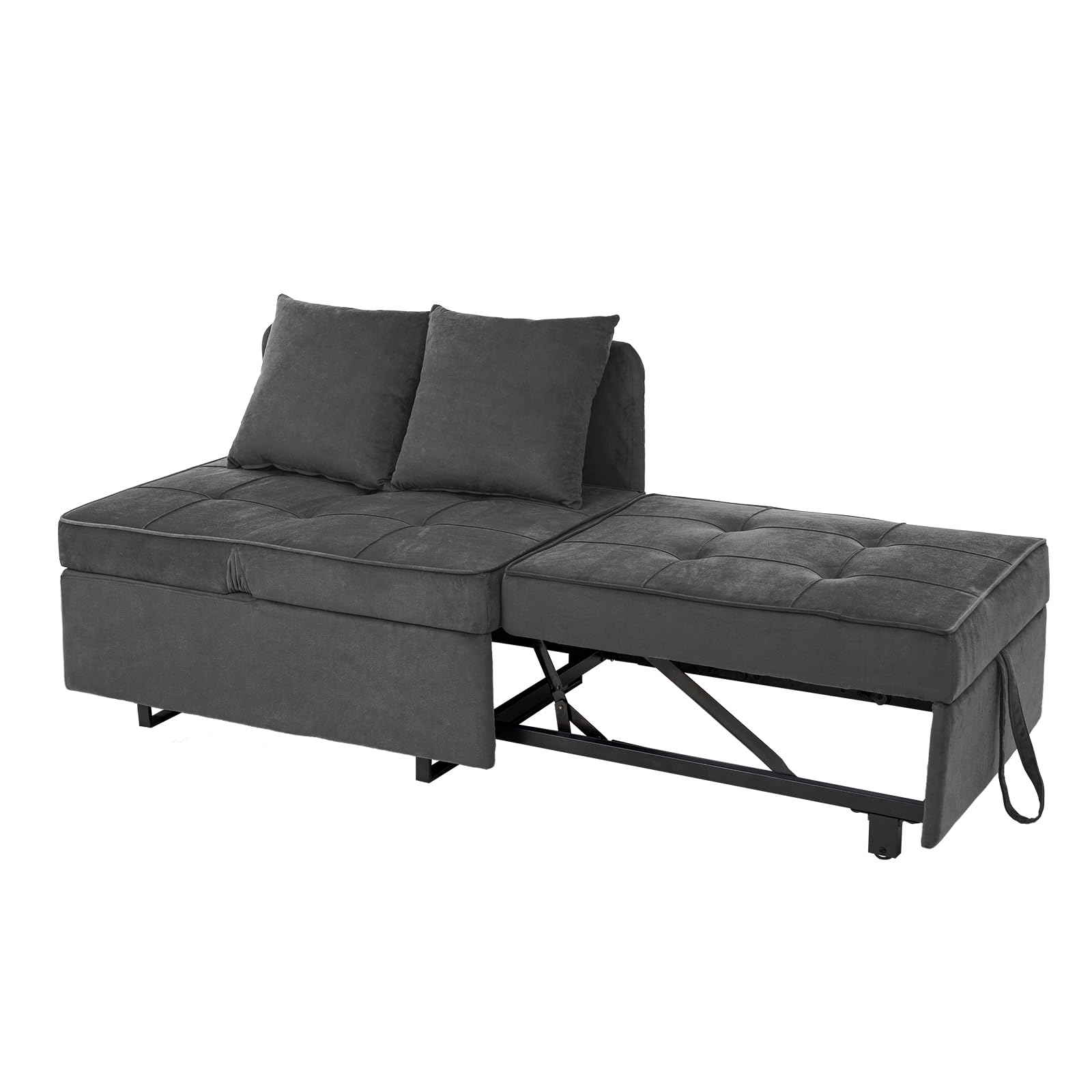4-in-1 Convertible Velvet Sofa Bed with USB Ports - Sleeper Sofa Chair, Pull Out Futon Couch & Ottoman Bed - 5 Adjustable Backrest & Pillow - Dark Grey for Small Spaces, Living Room, Guest Room & Studio Apartments