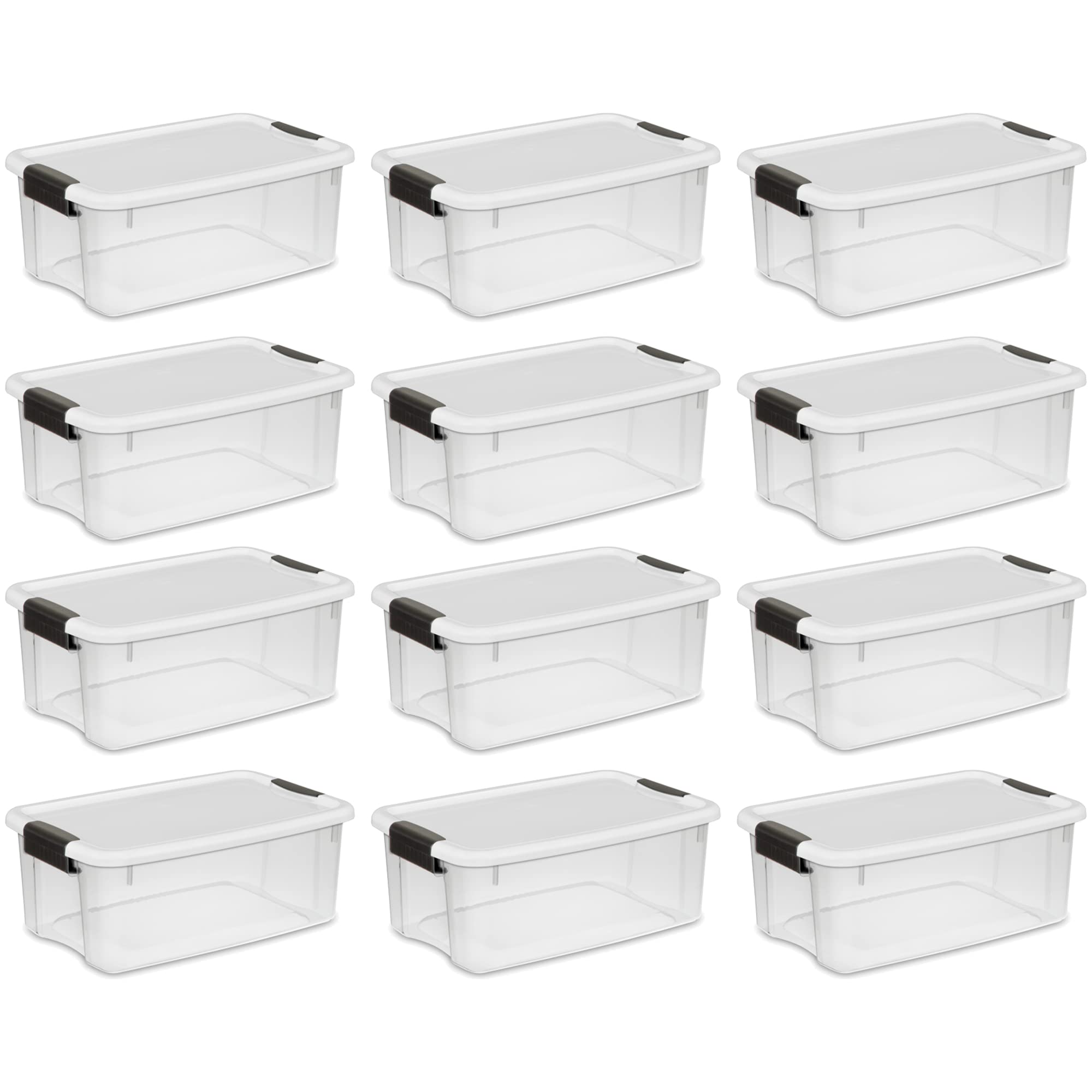 Sterilite 18 Quart Clear Plastic Stackable Storage Bins with White Latching Lids - 12 Pack Organizing Solution for Home, Office, Closet & Garage Storage
