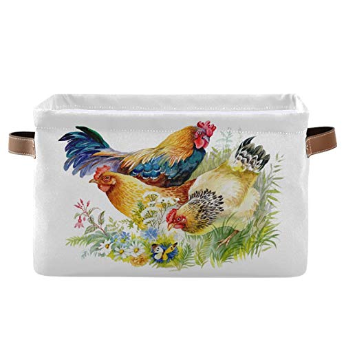 2 Pack Collapsible Storage Baskets with PU Handles - Waterproof Laundry Organizer for Nursery, Chicken & Rooster Grass Design - Perfect for Baby Clothes, Toys & Home Organization