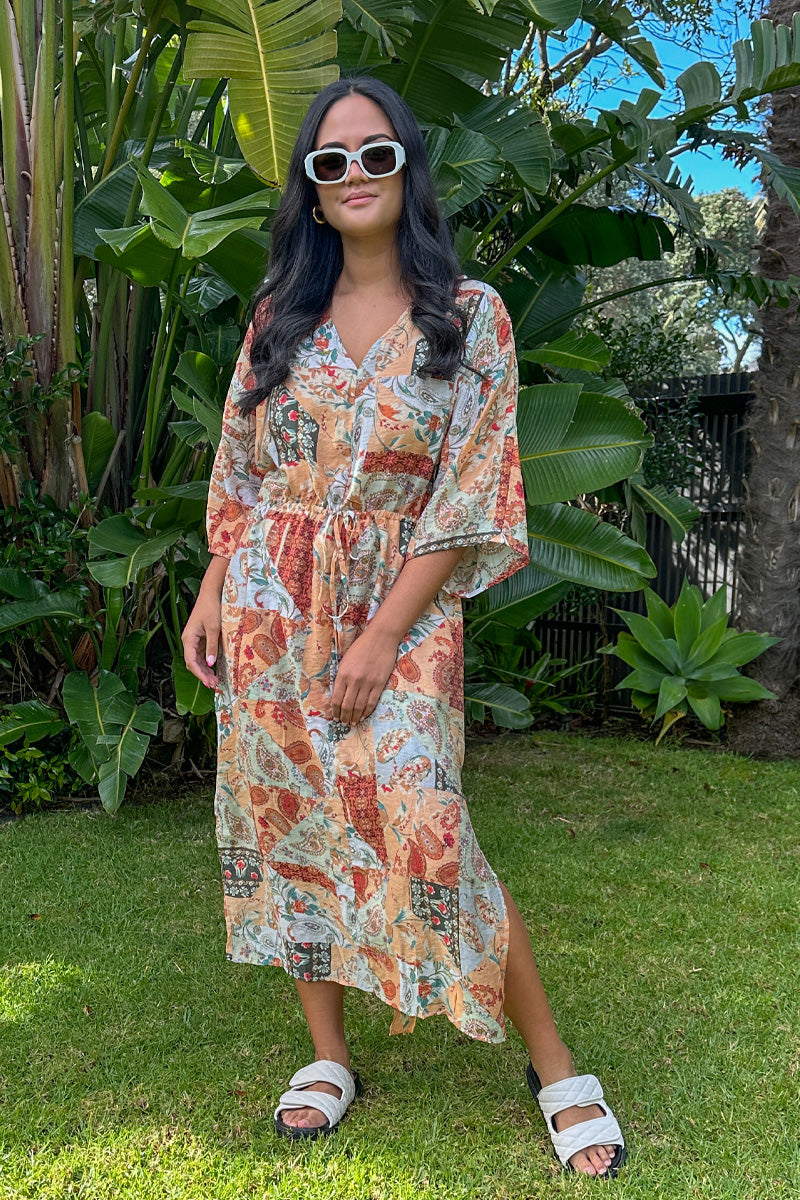 Elba Peach Paisley Midi Dress with 3/4 Sleeves - Floral Print Summer Dress for Women, Perfect for Garden Parties, Brunch Dates & Vacation Outfits