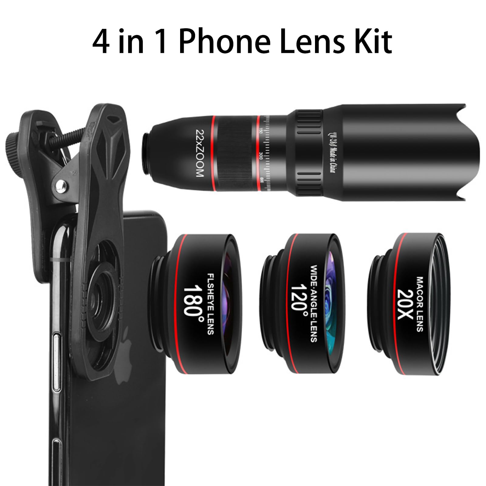 6 in 1 Cell Phone Camera Lens Kit - 22x Telephoto, 180° Fisheye, 120° Wide Angle & 20x Macro Lens with Tripod - Universal Clip Compatible with iPhone & Android Smartphones - Perfect for Travel, Vlogging & Close-Up Photography