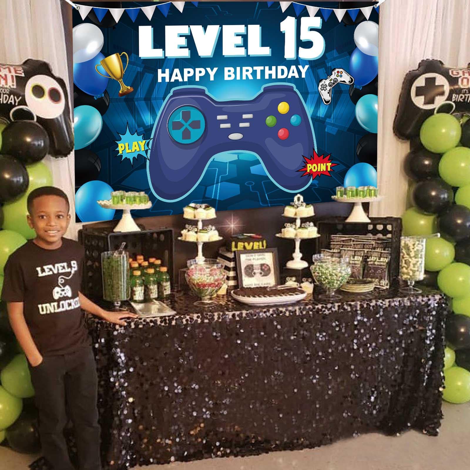 Happy 15th Birthday Level Up Banner - Video Game Themed Backdrop for Boys & Girls 15th Birthday Party Decorations | Perfect for Gaming Theme Parties, Teen Celebrations & Milestone Birthday Backgrounds