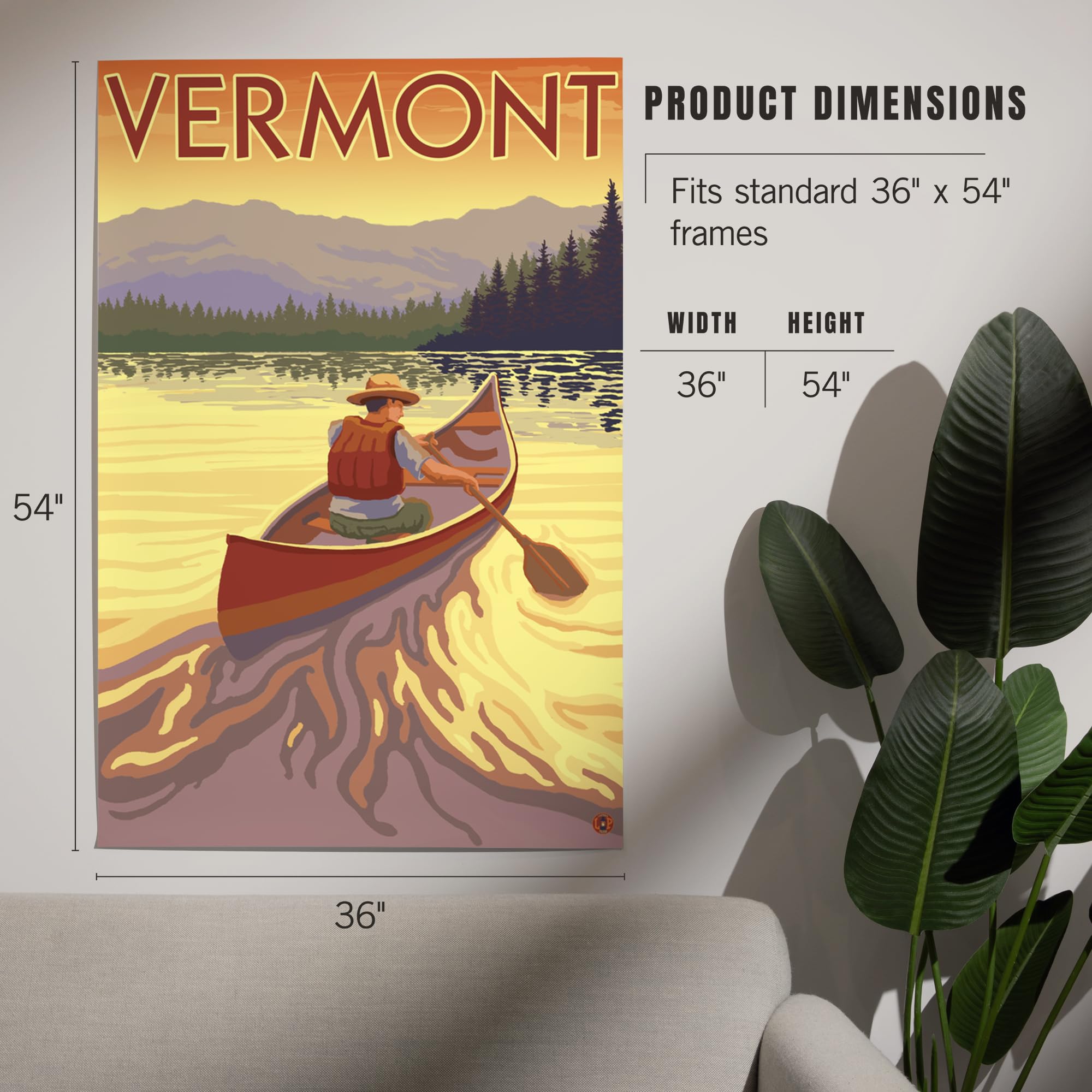 Lantern Press 36x54 Inch Giclee Art Print - Vermont Canoe Scene Wall Decor for Living Room, Bedroom & Office | Premium Canvas Painting for Home & Office Decoration