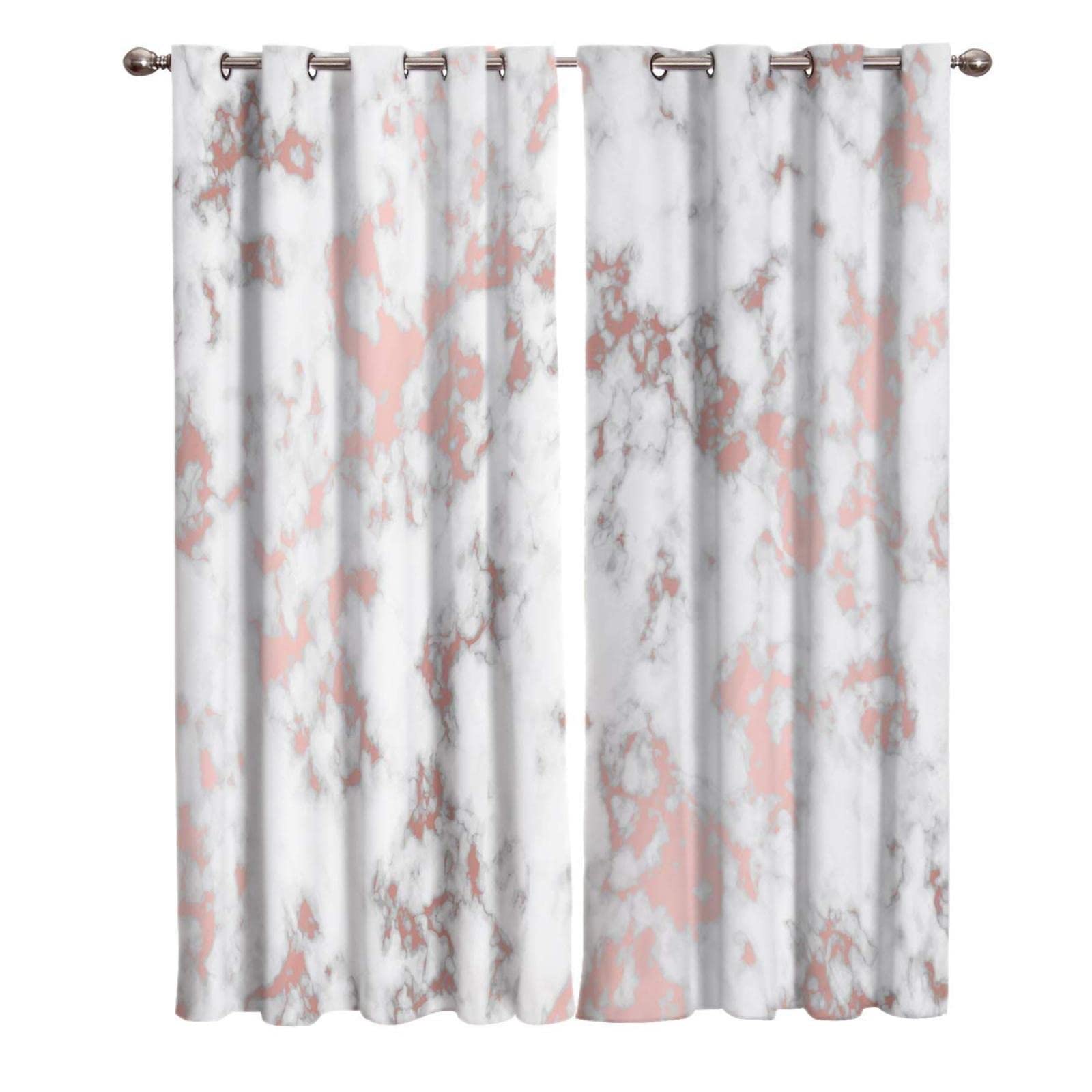 Rose Gold Blackout Curtains with Marble Print - Pink 3D Printed Window Drapes, 2 Panel Grommet Curtains for Bedroom & Living Room (52x84 Inches) - Elegant Home Decor for Light Blocking & Privacy