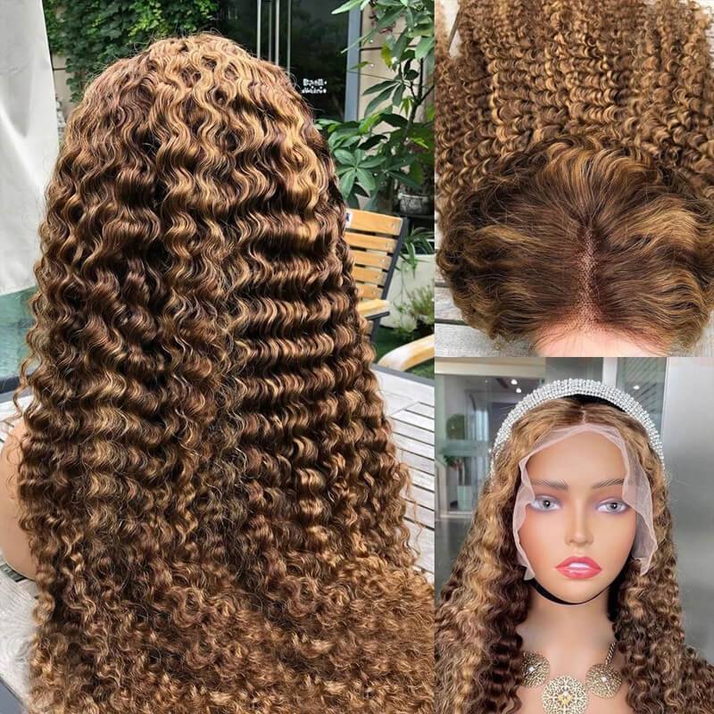 Eullair #4/27 Balayage Highlight Brown Curly Human Hair Wig for Dark Skin | 12-30 Inch | Natural Looking Wavy Curls for Everyday Wear, Cosplay & Special Occasions
