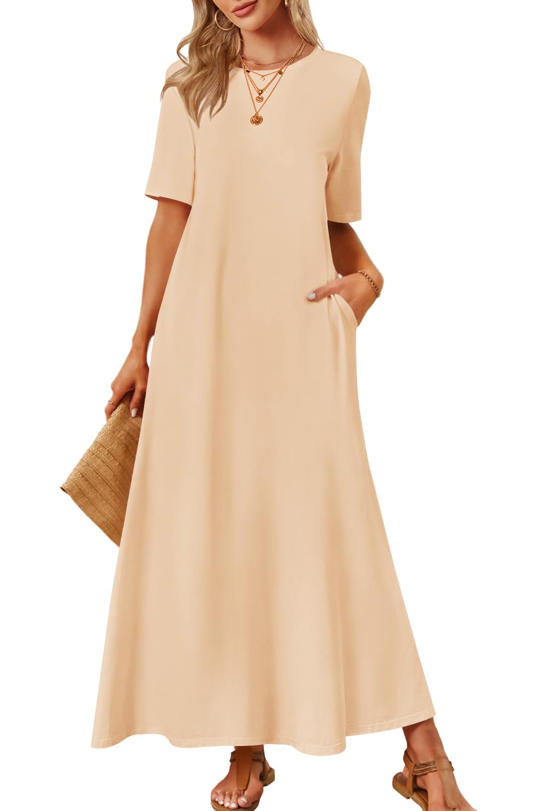 MEROKEETY Women's 2025 Spring Summer Casual Maxi Dress - Short Sleeve Crewneck Long T-Shirt Dress for Beach Vacation & Everyday Wear | Flowy Comfortable Dress for Outdoors, Travel, and Casual Outings