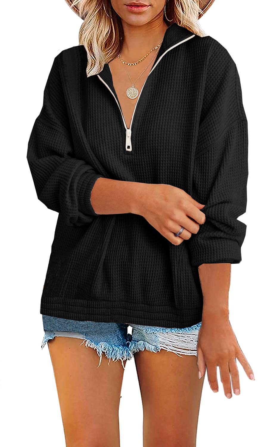 Women's Long Sleeve Waffle Quarter Zip Pullover Top - Loose Fit Casual Tunic Shirt for Fall | Cozy Layering, Outdoor Activities & Everyday Wear