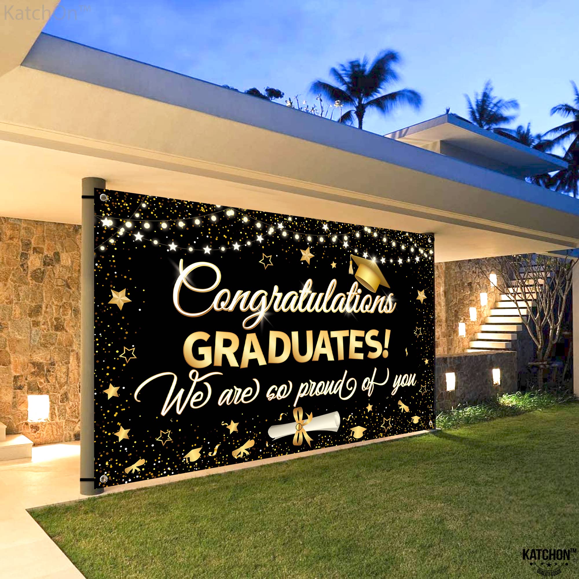 KatchOn 2025 Graduation Banner - 72x44 Inch Large Black & Gold Backdrop for Graduation Party Decor | Class of 2025 Congratulations Sign | Perfect for Graduation Ceremony, Photo Booth & Home Decor