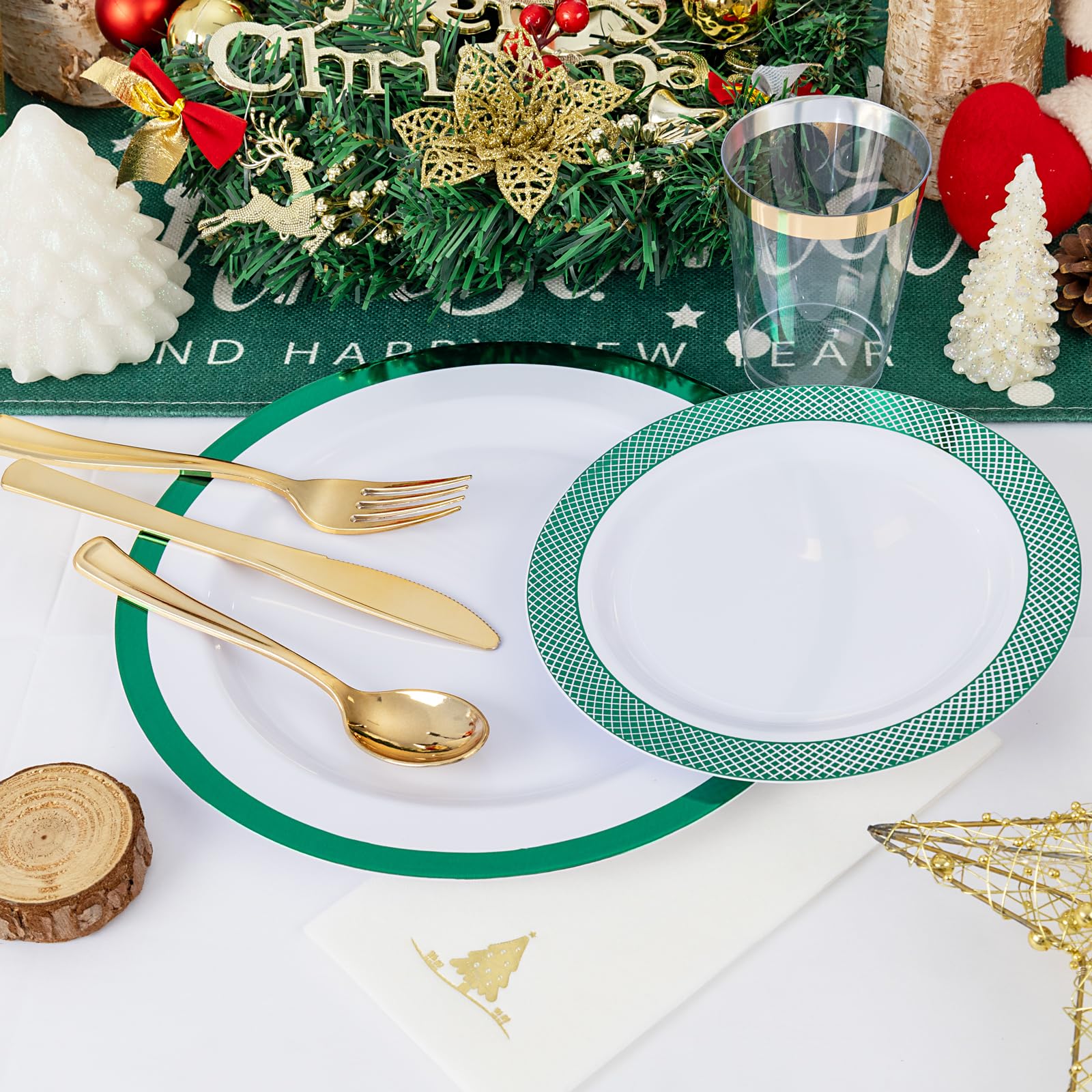 Ciaell 175-Piece Eco-Friendly Green Plastic Party Tableware Set - 25 Dinner Plates, 25 Dessert Plates, 25 Knives, 25 Forks, 25 Spoons, 25 Cups & 25 Napkins | Perfect for St. Patrick's Day, Birthday Parties, Weddings & Outdoor Events | Disposable & Durable Dinnerware for Easy Cleanup