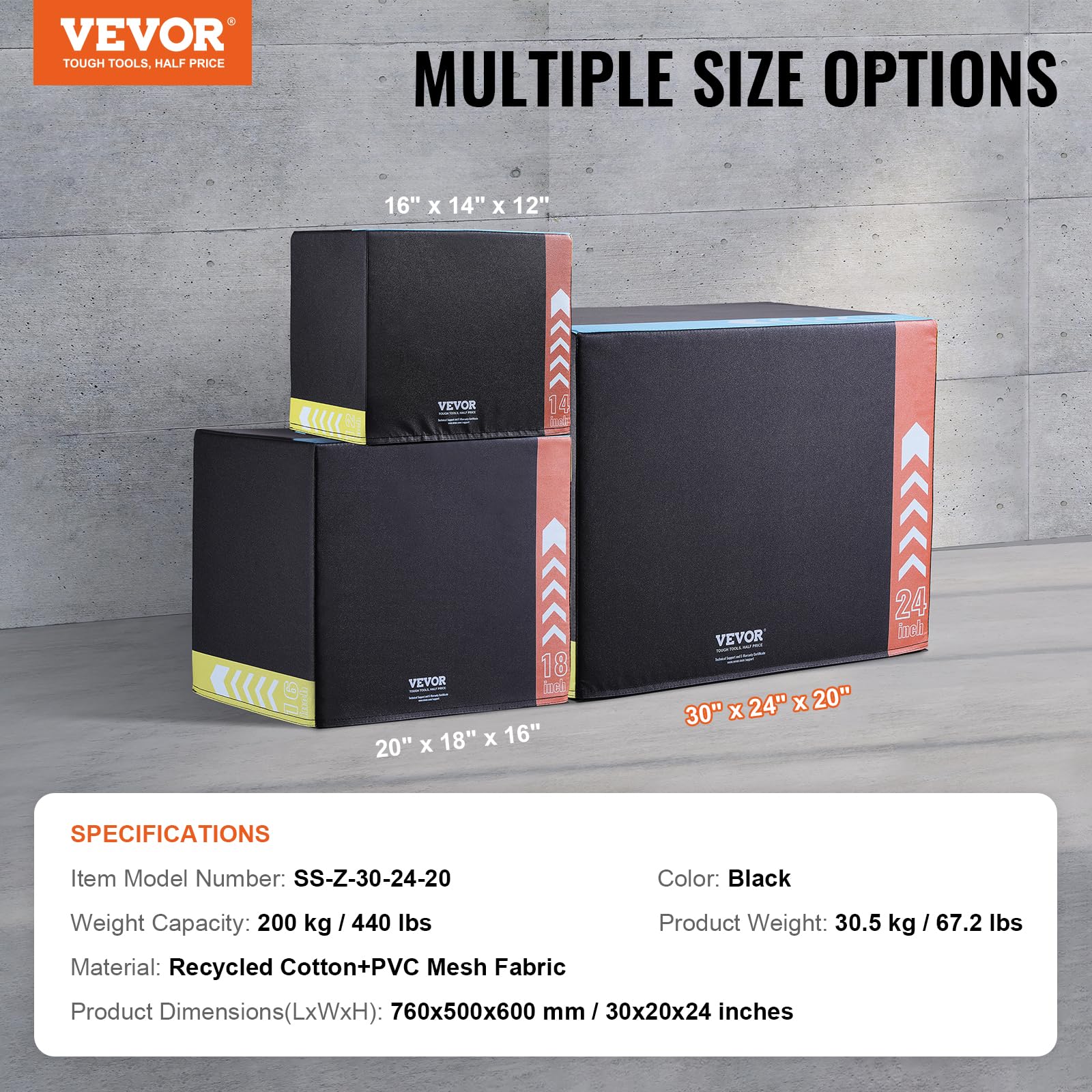VEVOR 3-in-1 Plyometric Jump Box - 30/24/20 Inch Anti-Slip Fitness Platform for CrossFit, Home Gym & Strength Training | Agility Training Equipment for Box Jumps, Step Ups & Conditioning Workouts (Black)