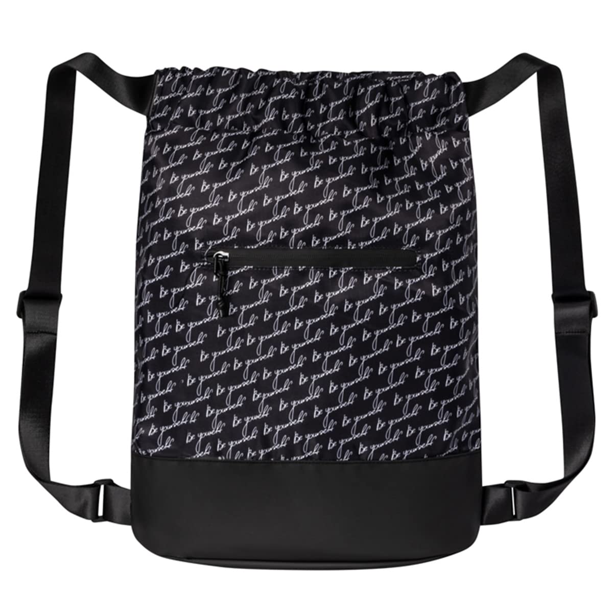 Stylish Women's Flex Cinch Drawstring Gym Bag with Trendy Graphic Designs | Durable Lightweight Sports Sack for Workout, Travel & Overnight Trips | Black/White 'Be Yourself' Pattern | Perfect for Yoga Class, Beach Day & Weekend Getaways