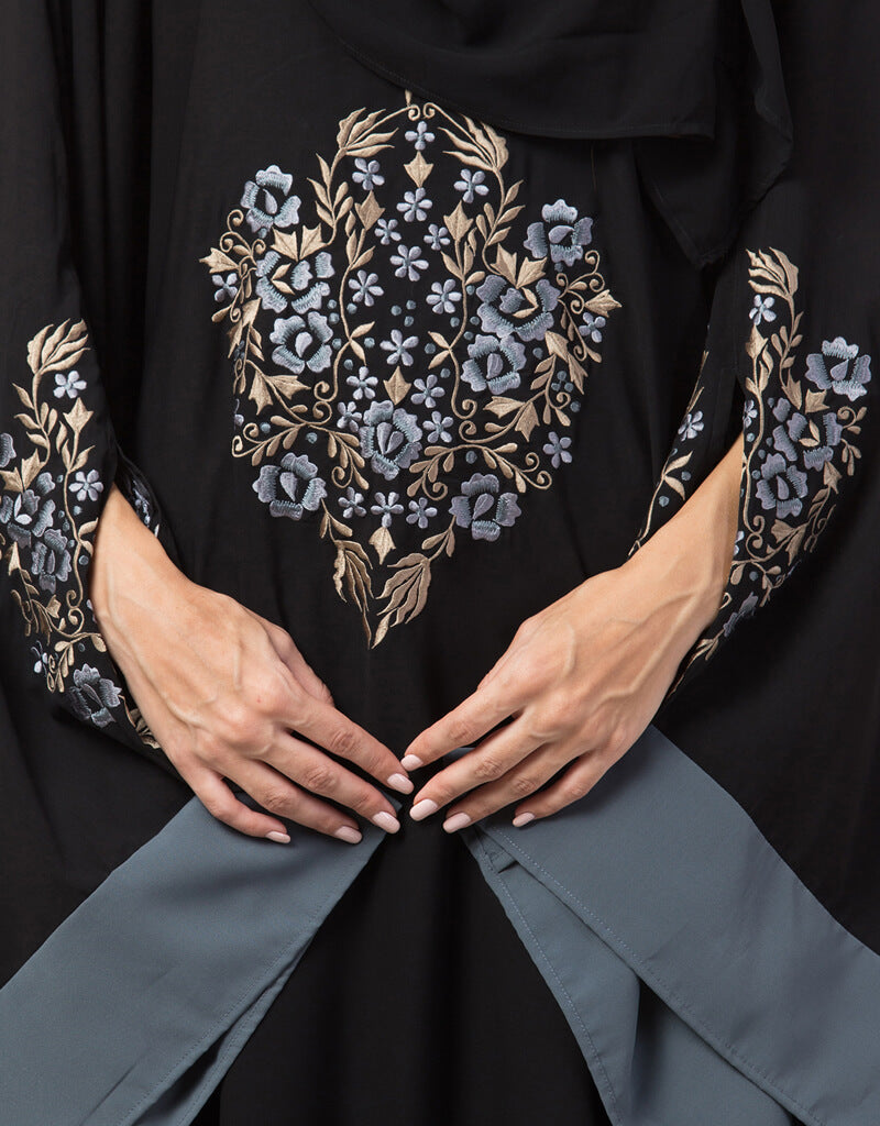 Elegant Arabic Center Embroidered Kaftan with Contrast Band - Traditional Iranian Black Abaya - Perfect for Eid, Weddings & Special Occasions