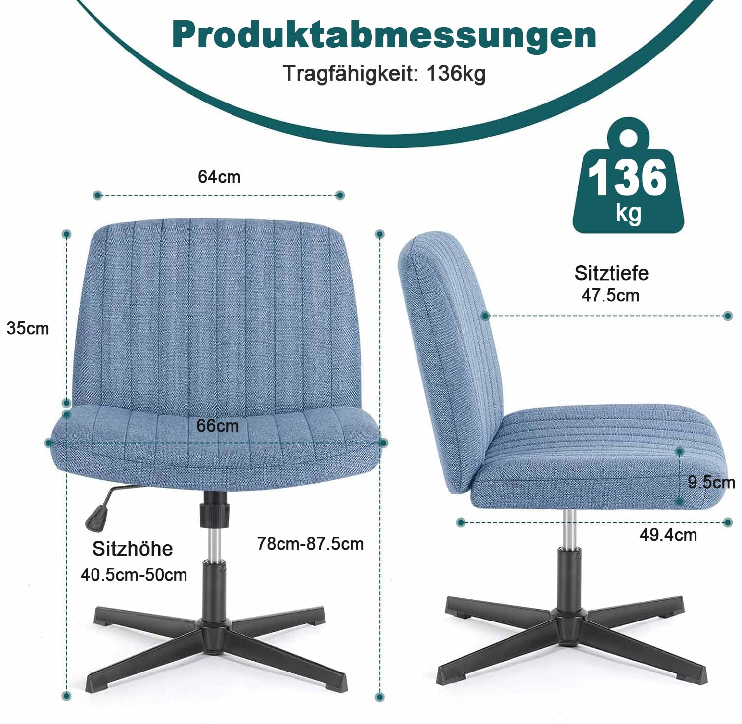 DUMOS Criss Cross Legged Office Chair - Armless Wide Seat No Wheels, Adjustable Height Swivel Fabric Chair for Home Office, Bedroom & Vanity - Modern Comfortable Seating for Work & Relaxation