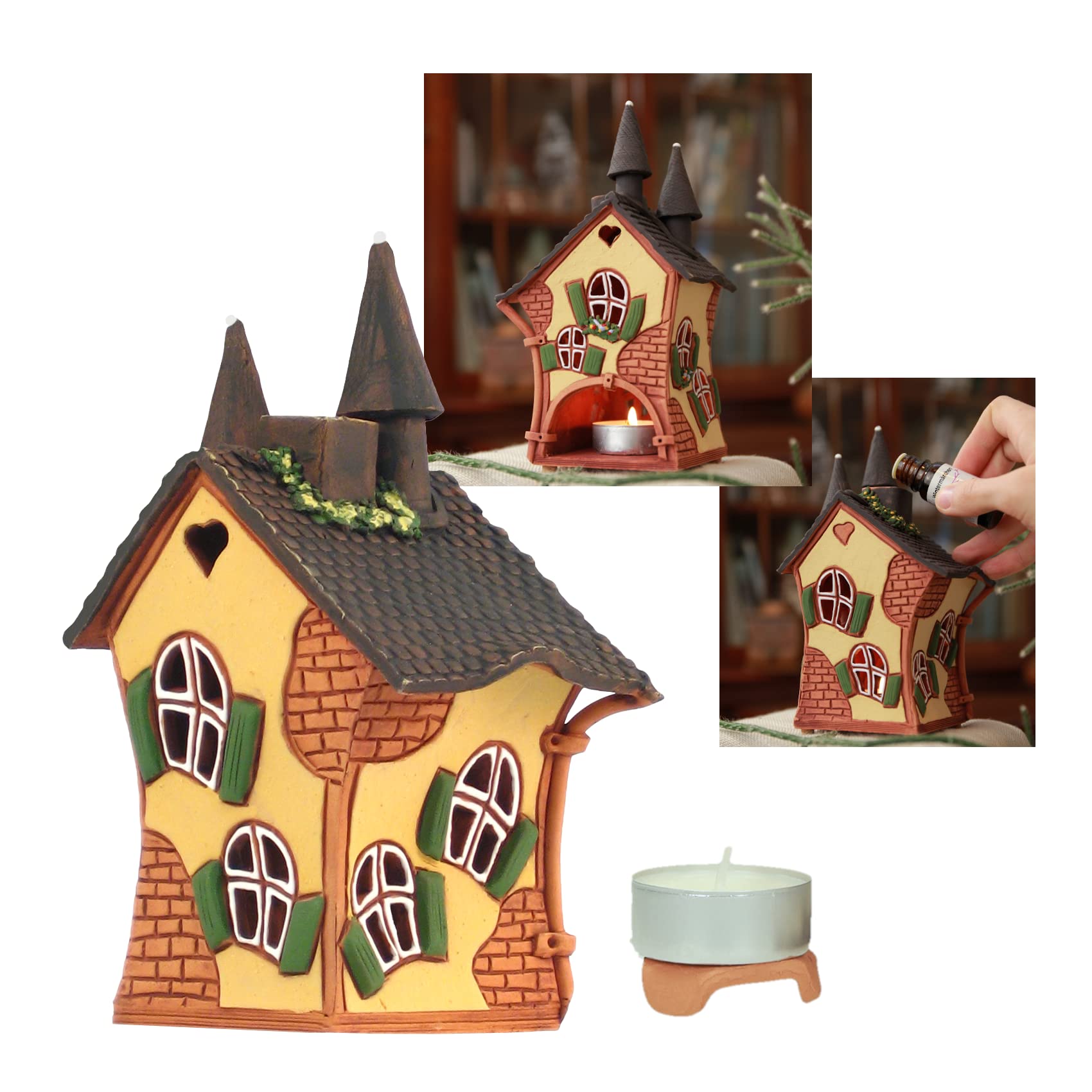 Ceramic Tea Light Holder - Miniature House Candle & Oil Burner for Fairy Garden, Christmas Village Decor, Room Aromatherapy & Collectible Display